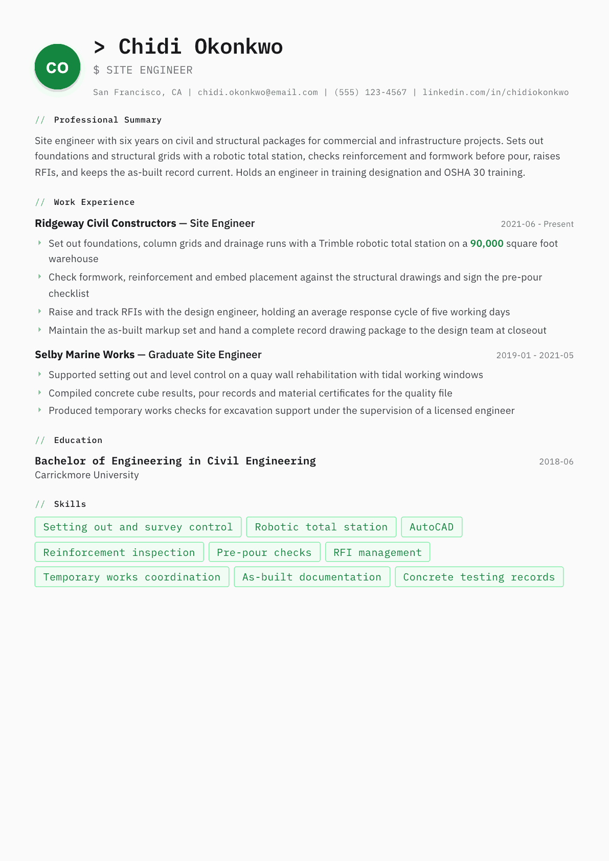 Site Engineer resume example, Amsterdam template