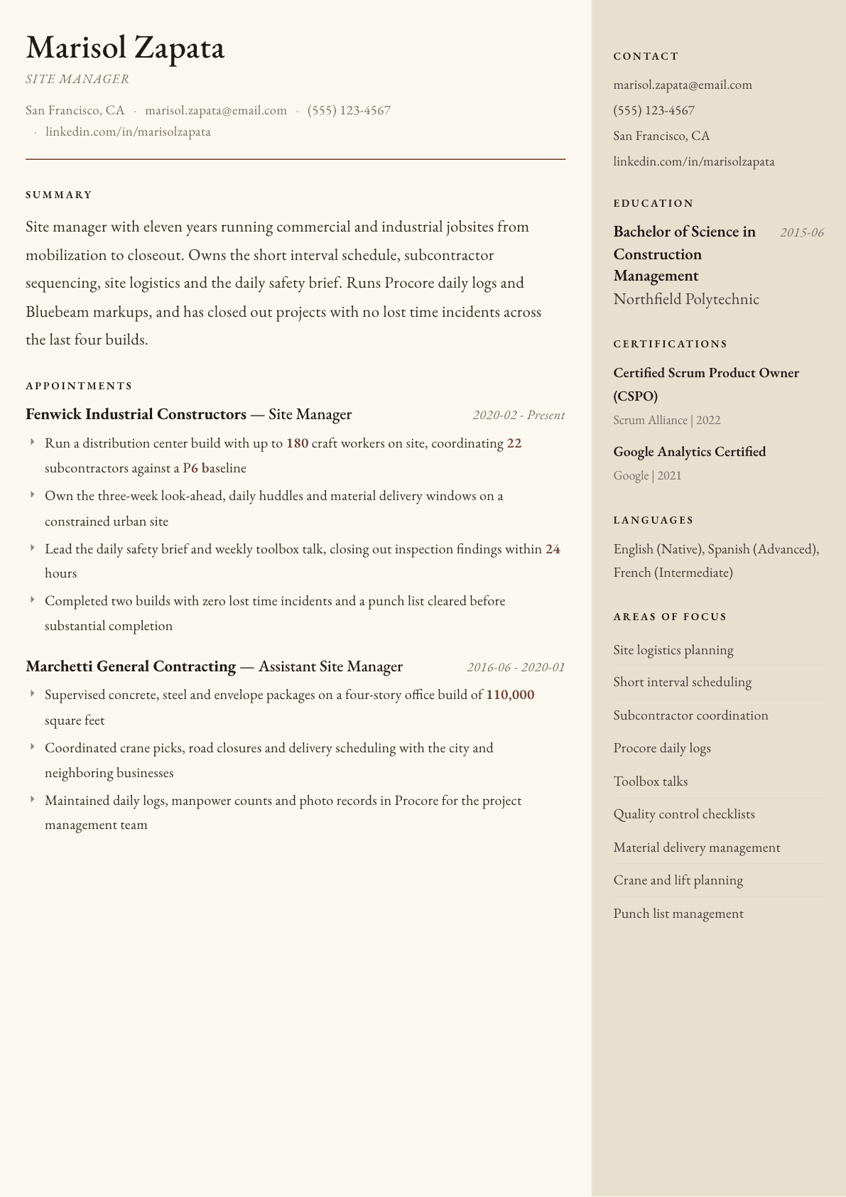 Site Manager resume example, Manuscript template