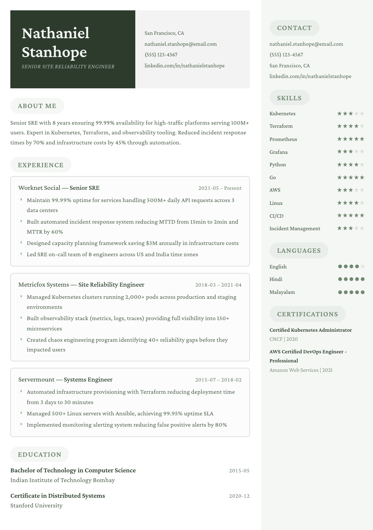 Site Reliability Engineer resume example, Mayfair template