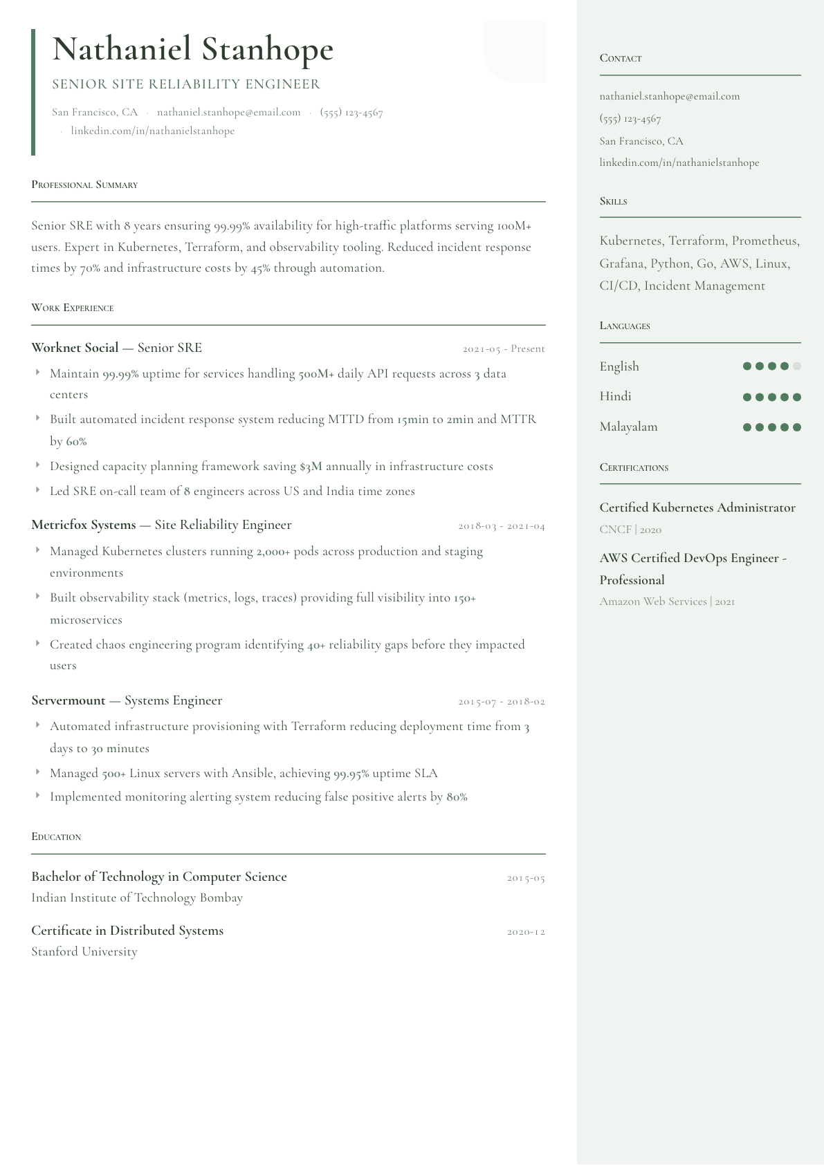 Site Reliability Engineer resume example, Copenhagen template