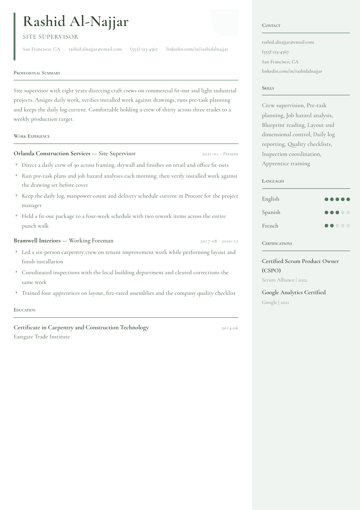 Site Supervisor resume example, Copenhagen template
