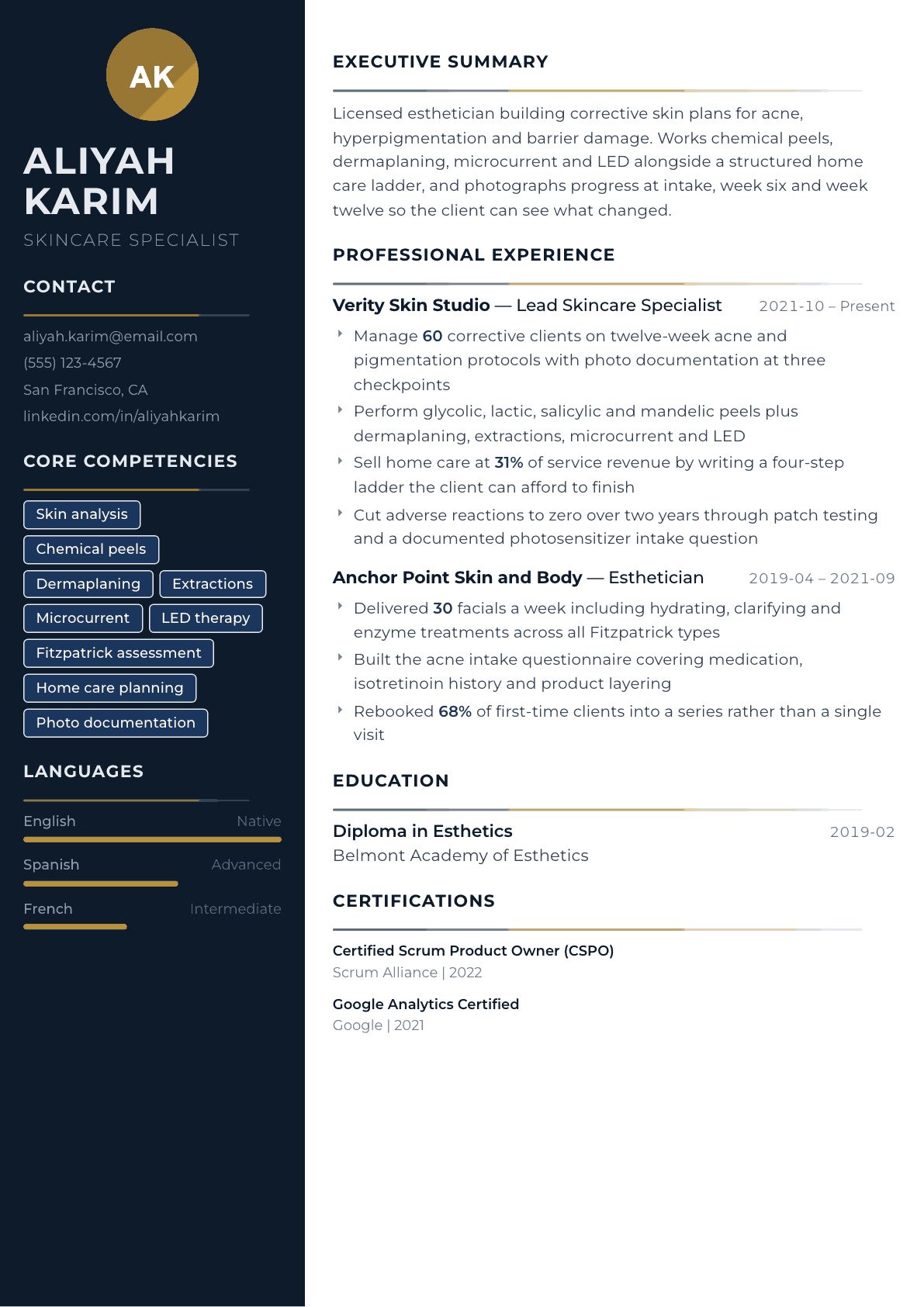 Skincare Specialist resume example, Catalyst template