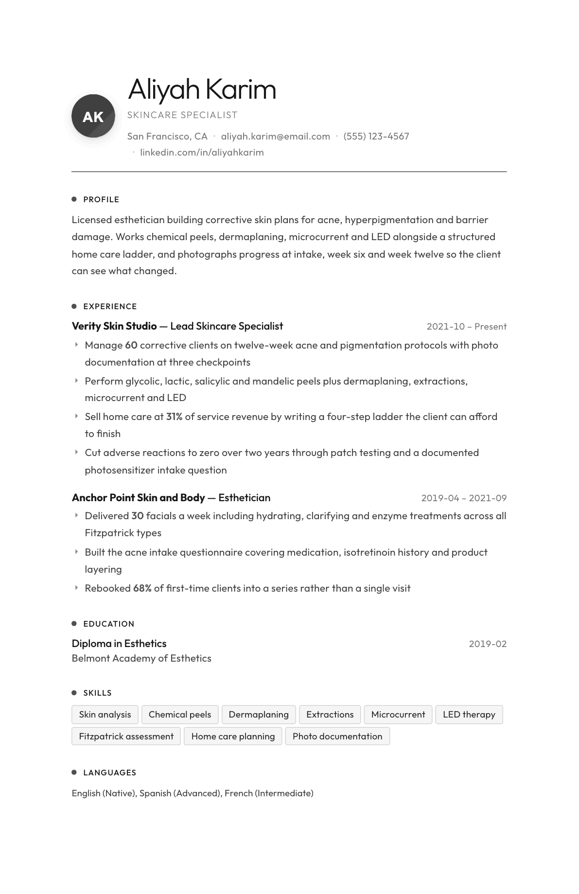 Skincare Specialist resume example, Flux template