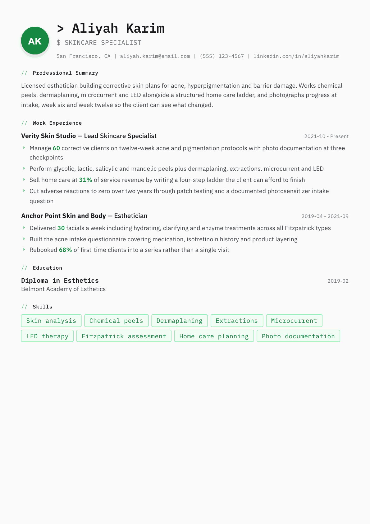 Skincare Specialist resume example, Amsterdam template
