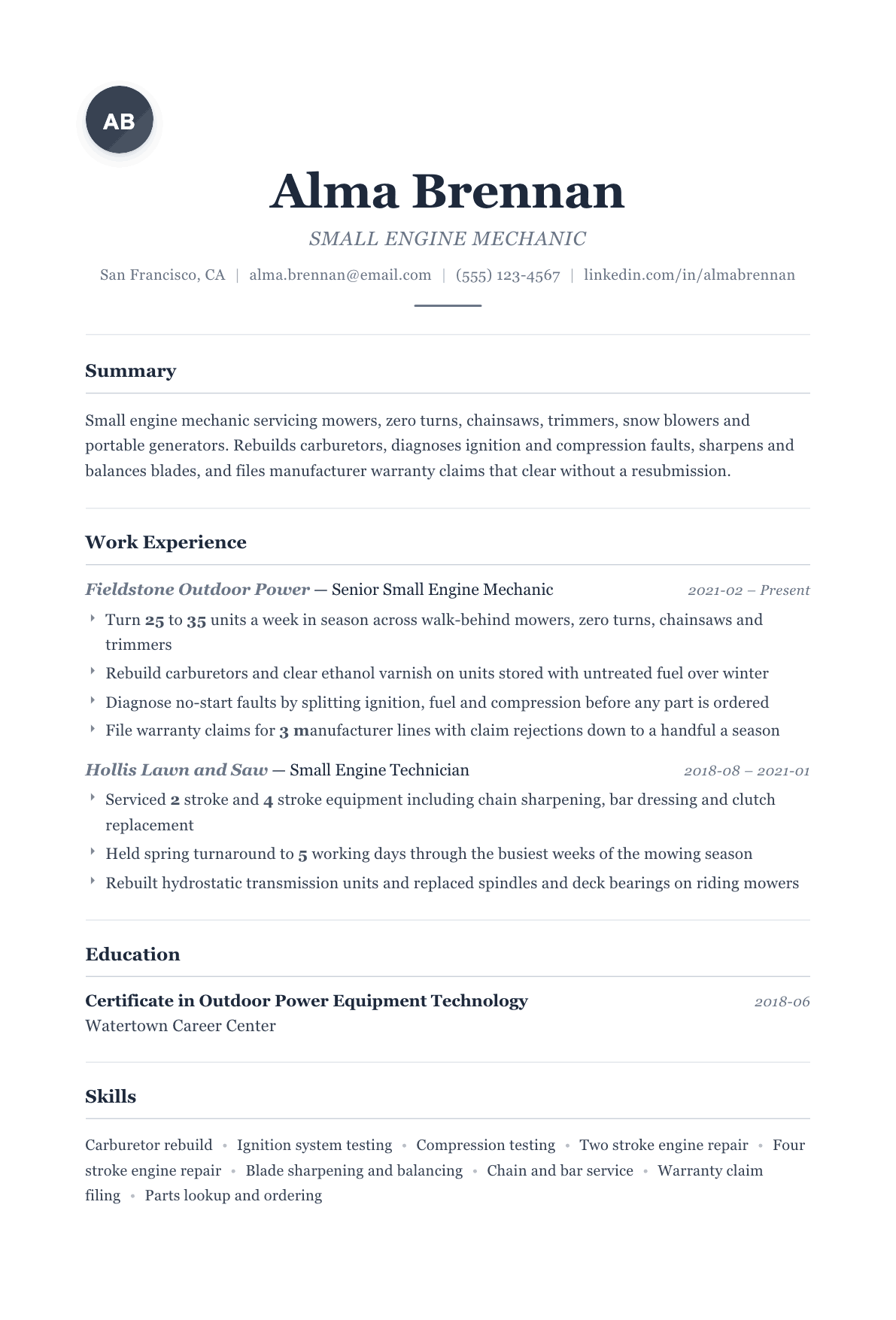 Small Engine Mechanic resume example, Classic template