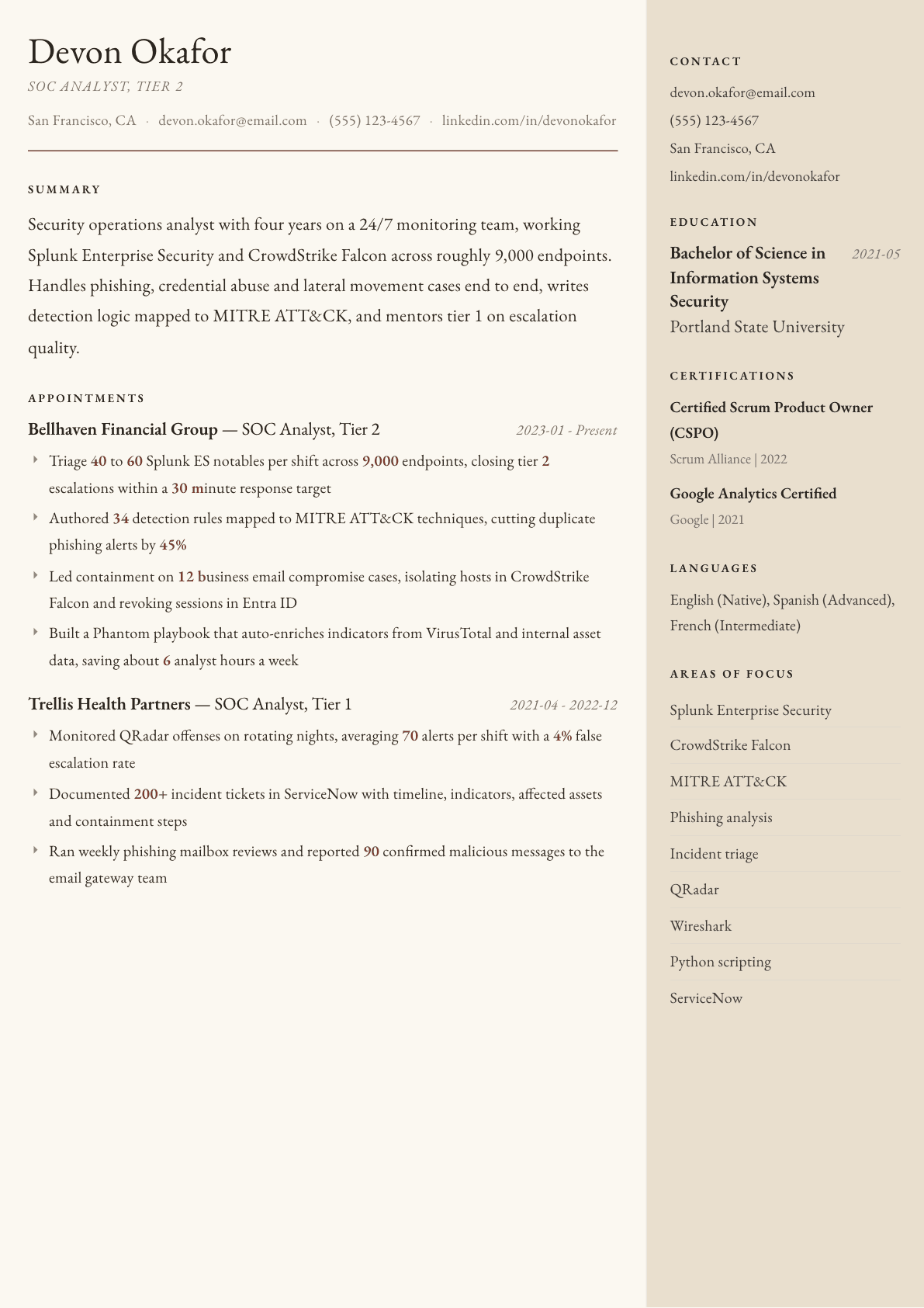 SOC Analyst resume example, Manuscript template