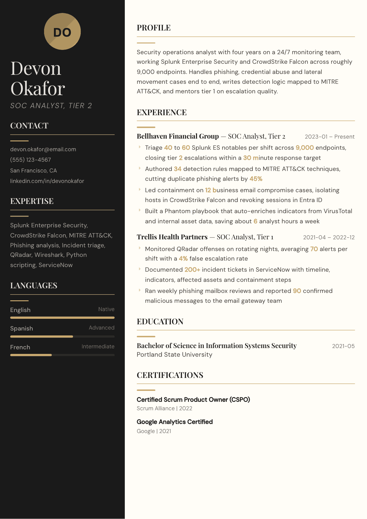 SOC Analyst resume example, Obsidian template