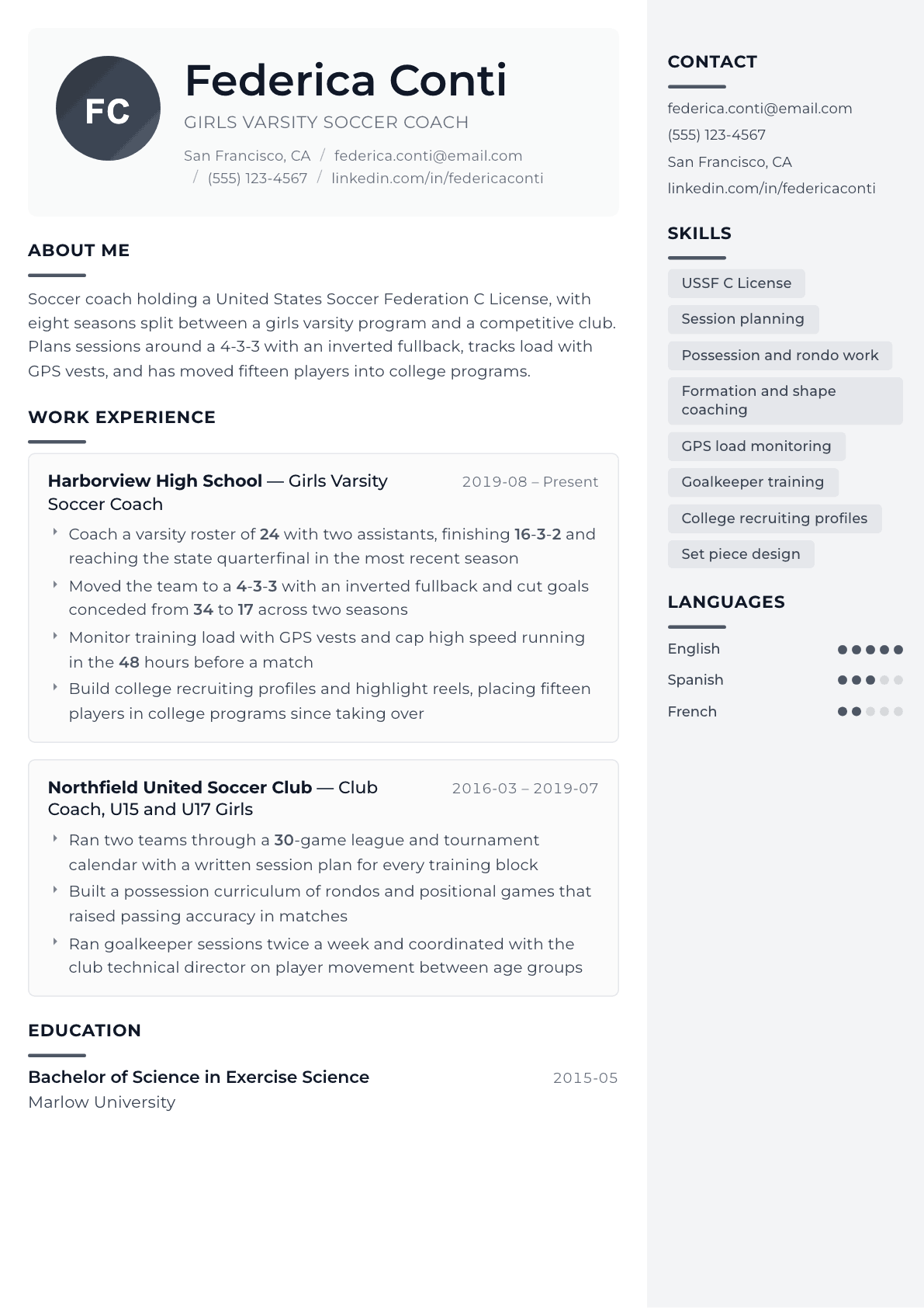Soccer Coach resume example, Metropolitan template