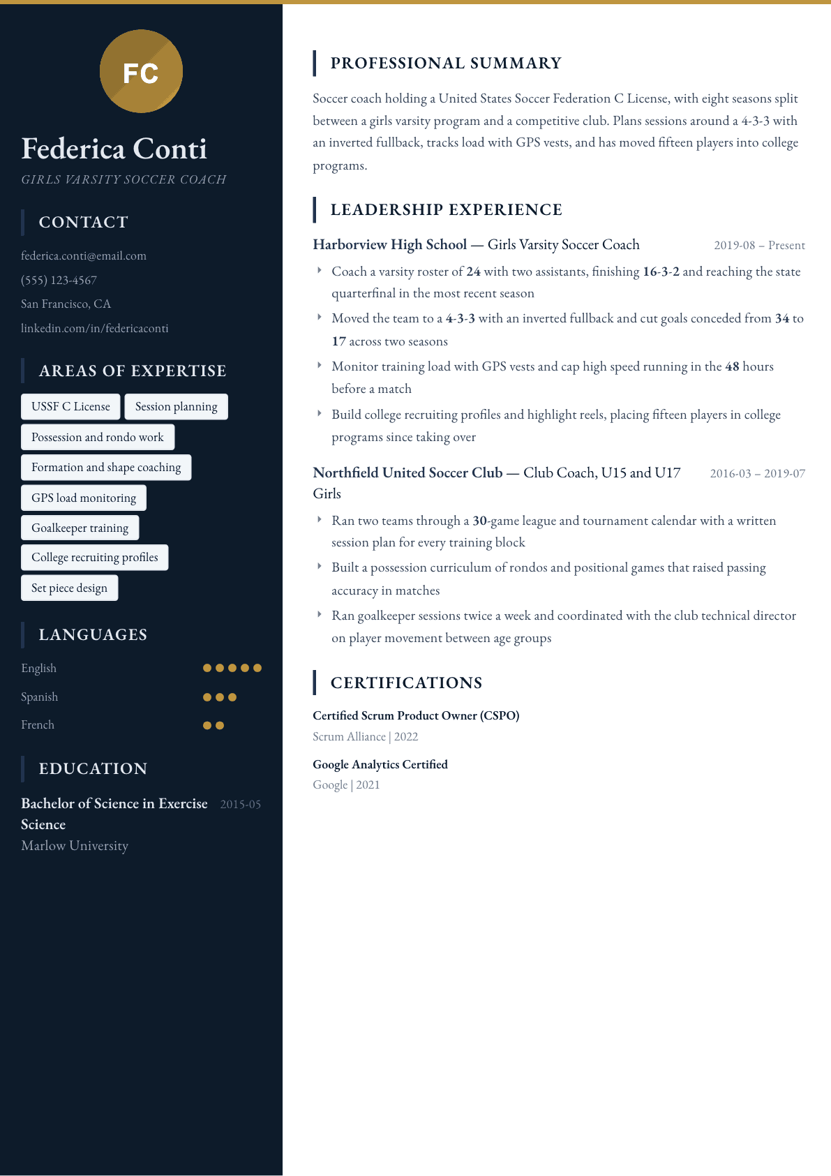 Soccer Coach resume example, Presidio template