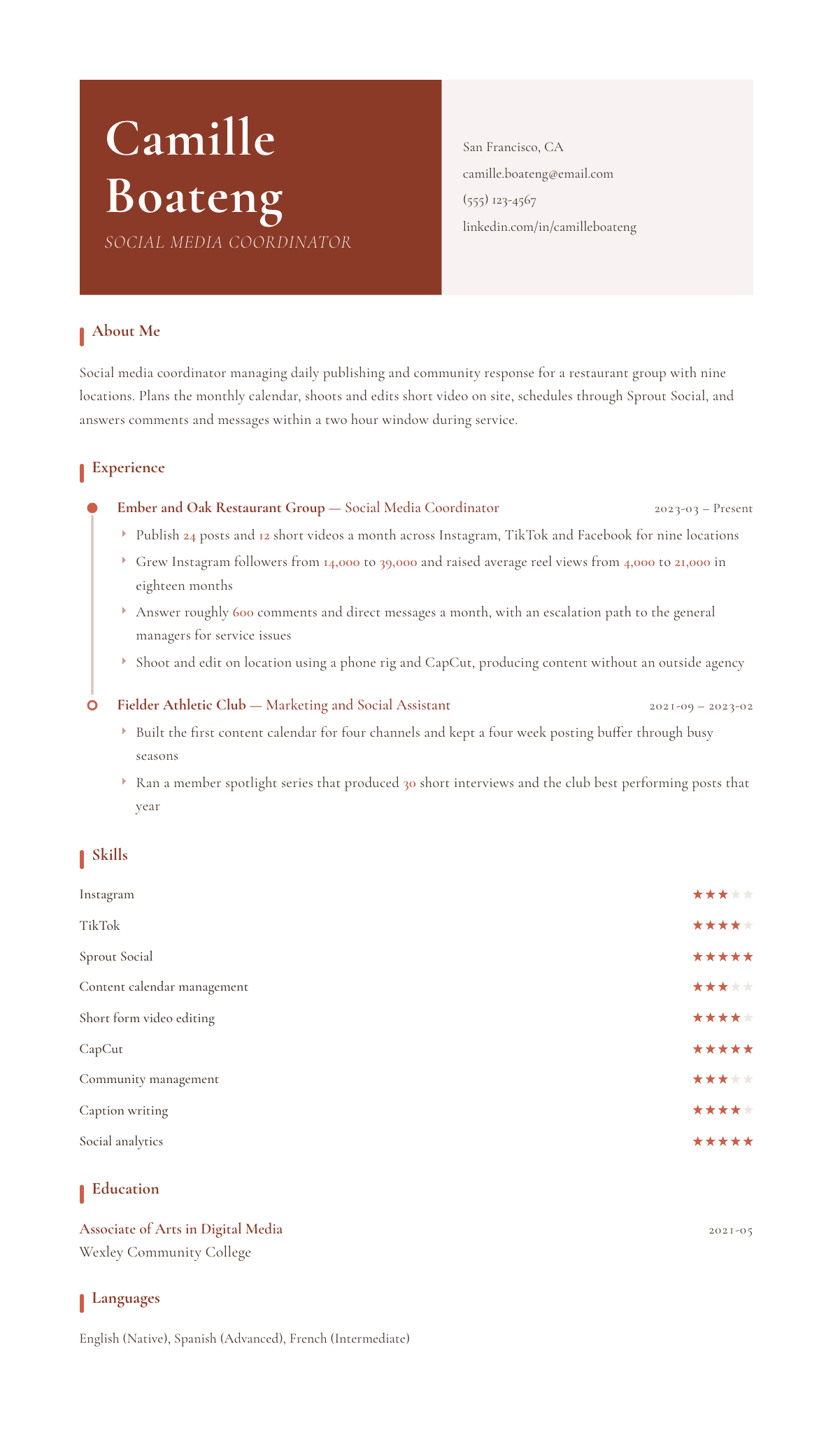 Social Media Coordinator resume example, Artisan template