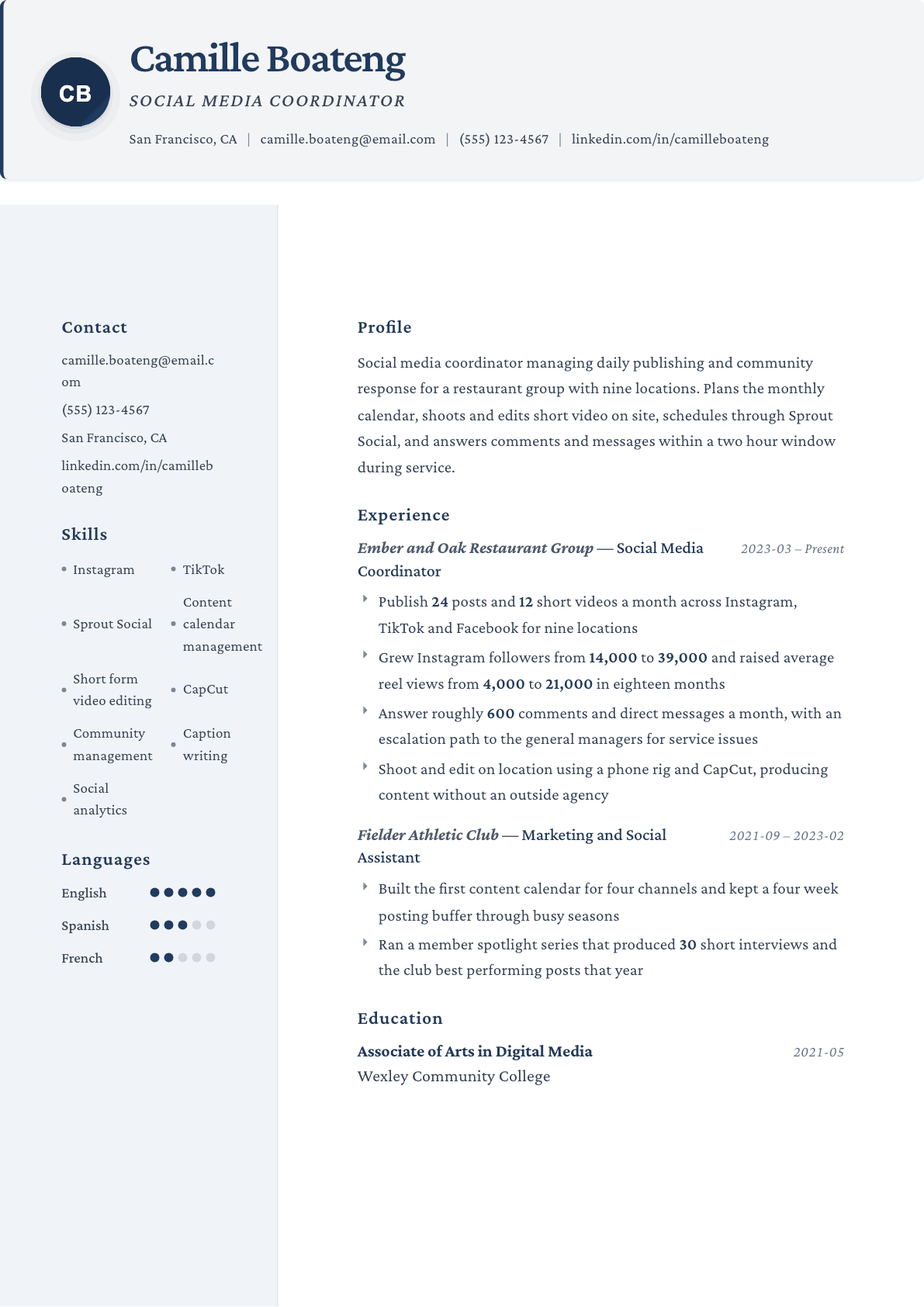 Social Media Coordinator resume example, Formal template