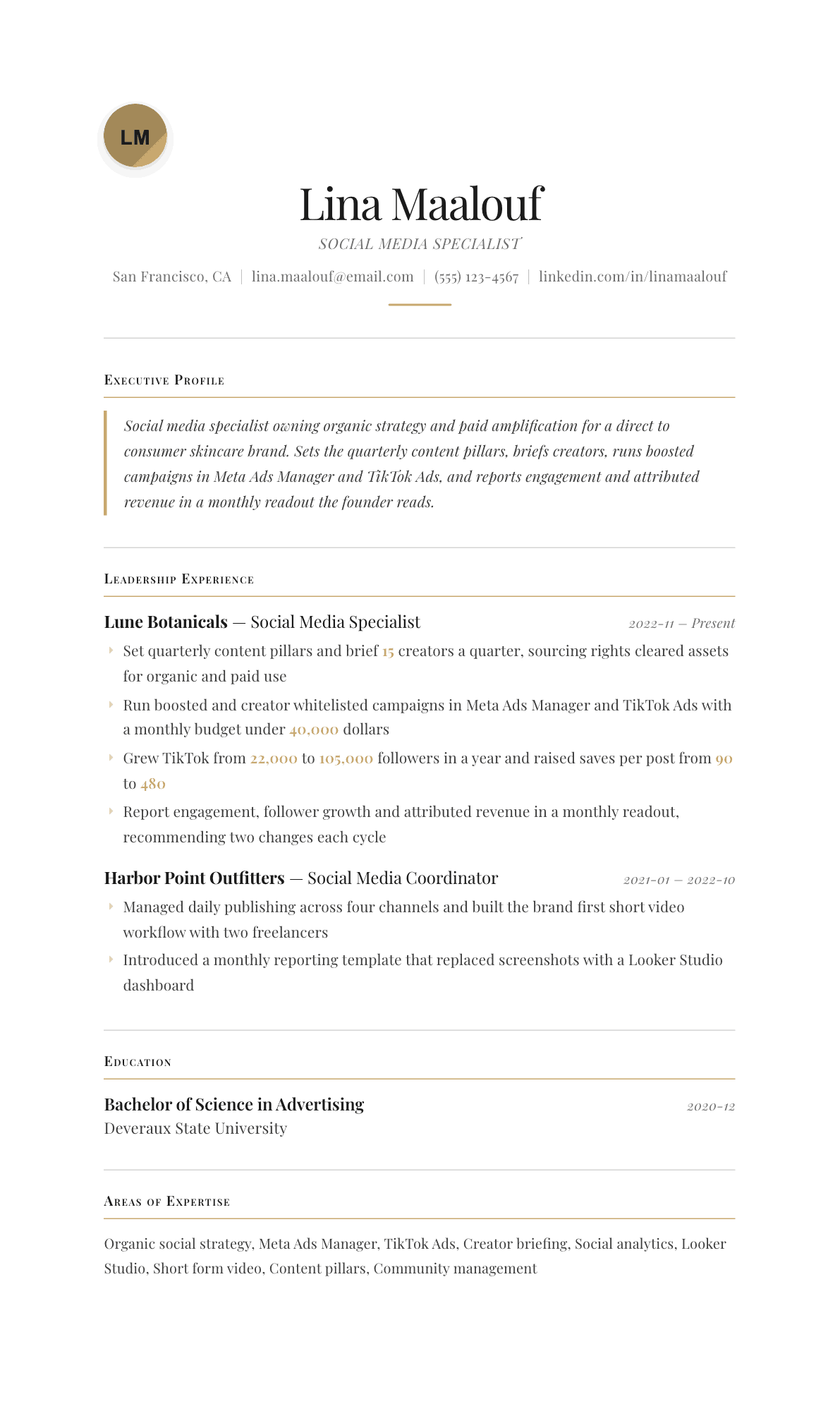 Social Media Specialist resume example, Chancellor template