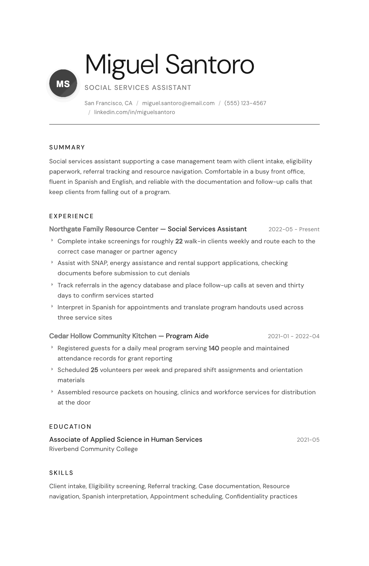 Social Services Assistant resume example, Whisper template