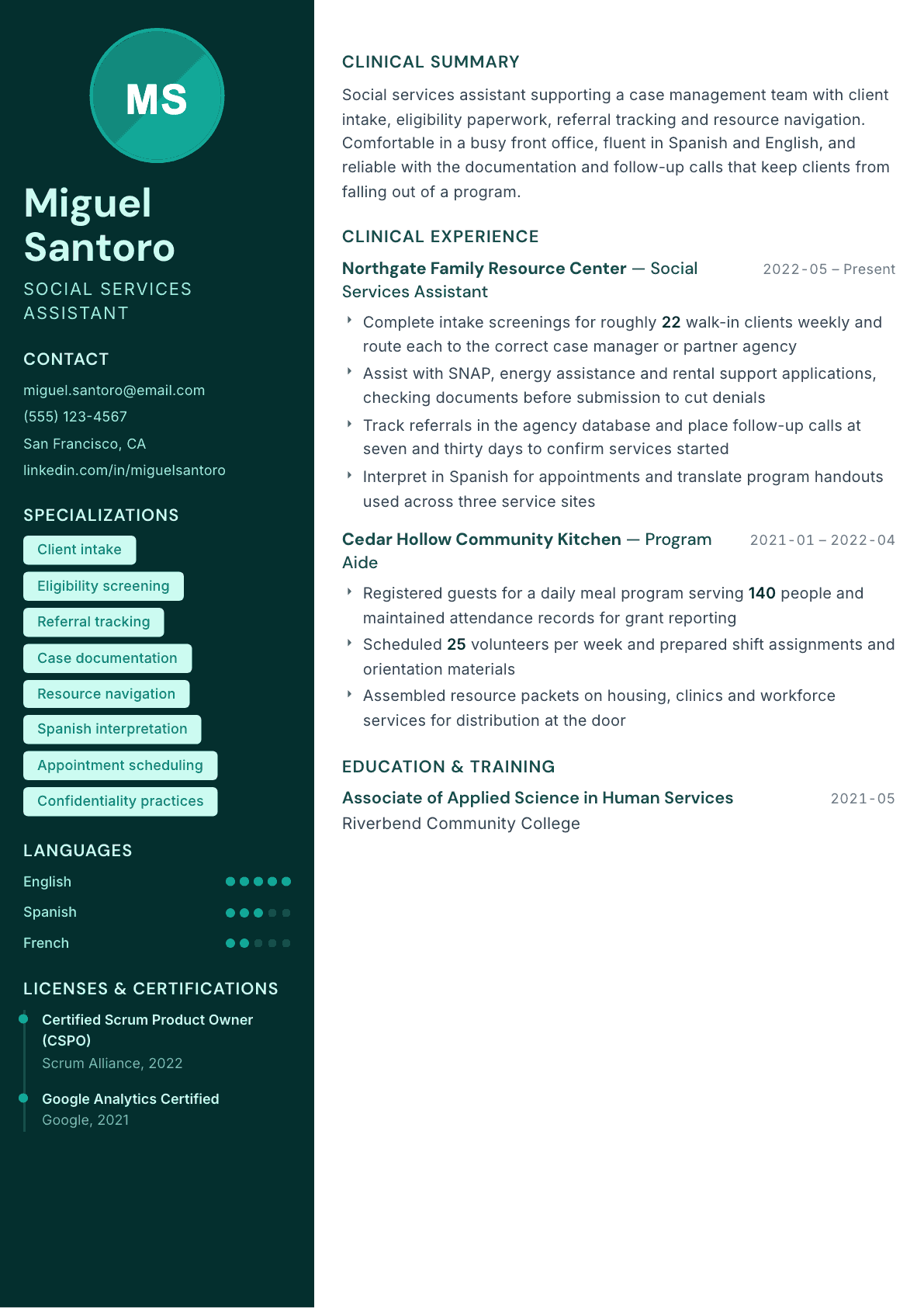 Social Services Assistant resume example, Vitalis template