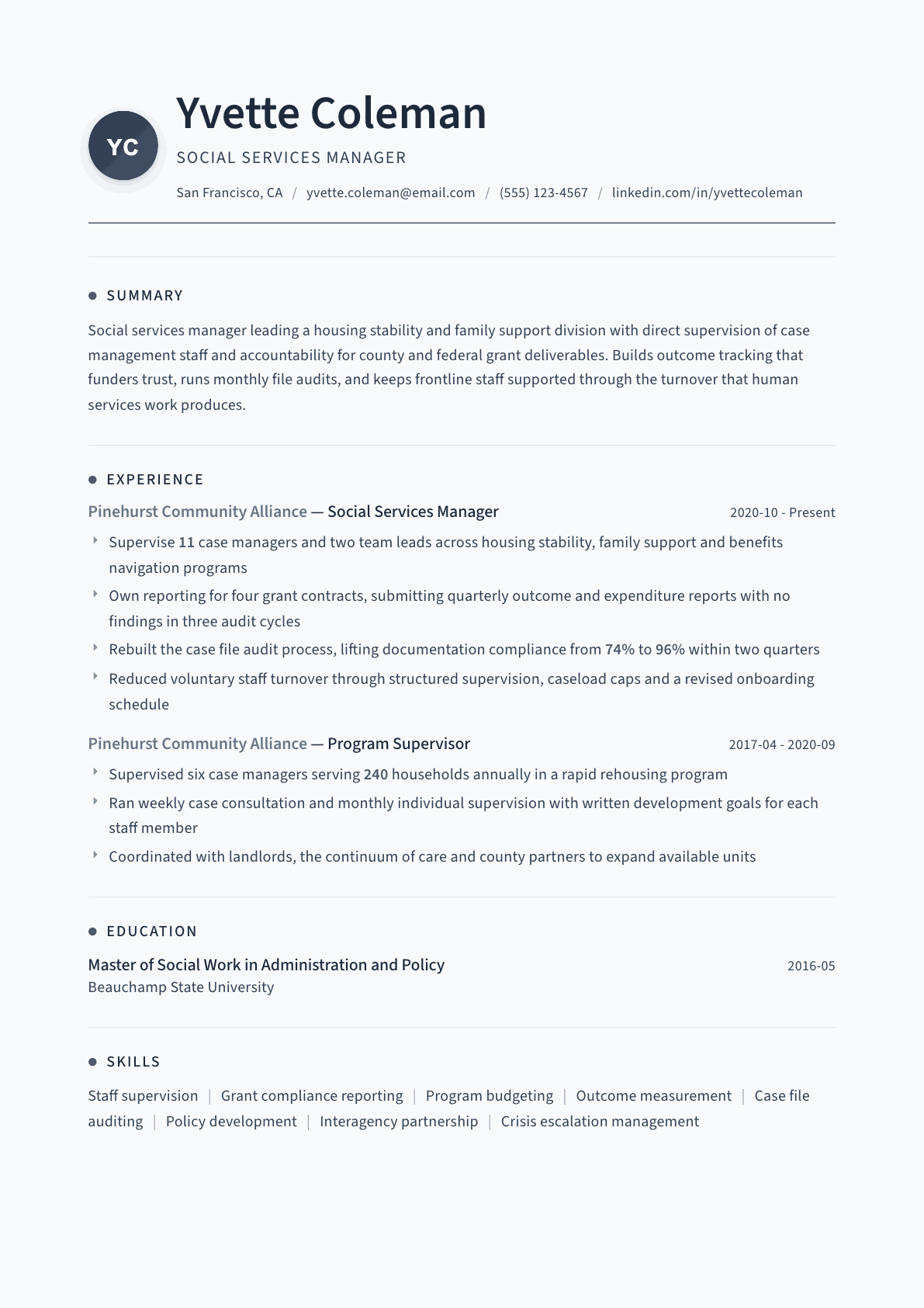 Social Services Manager resume example, Thread template