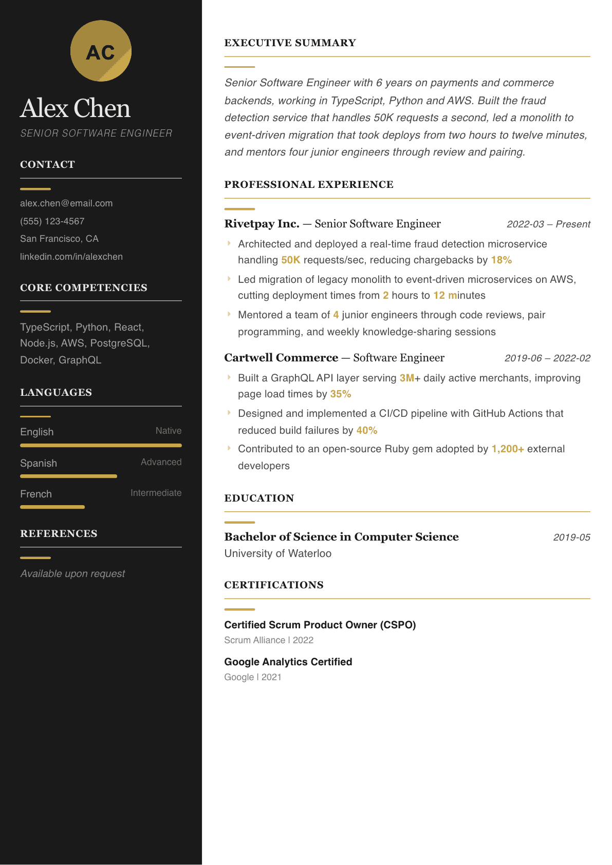 Software Engineer resume example, Ink & Gold template