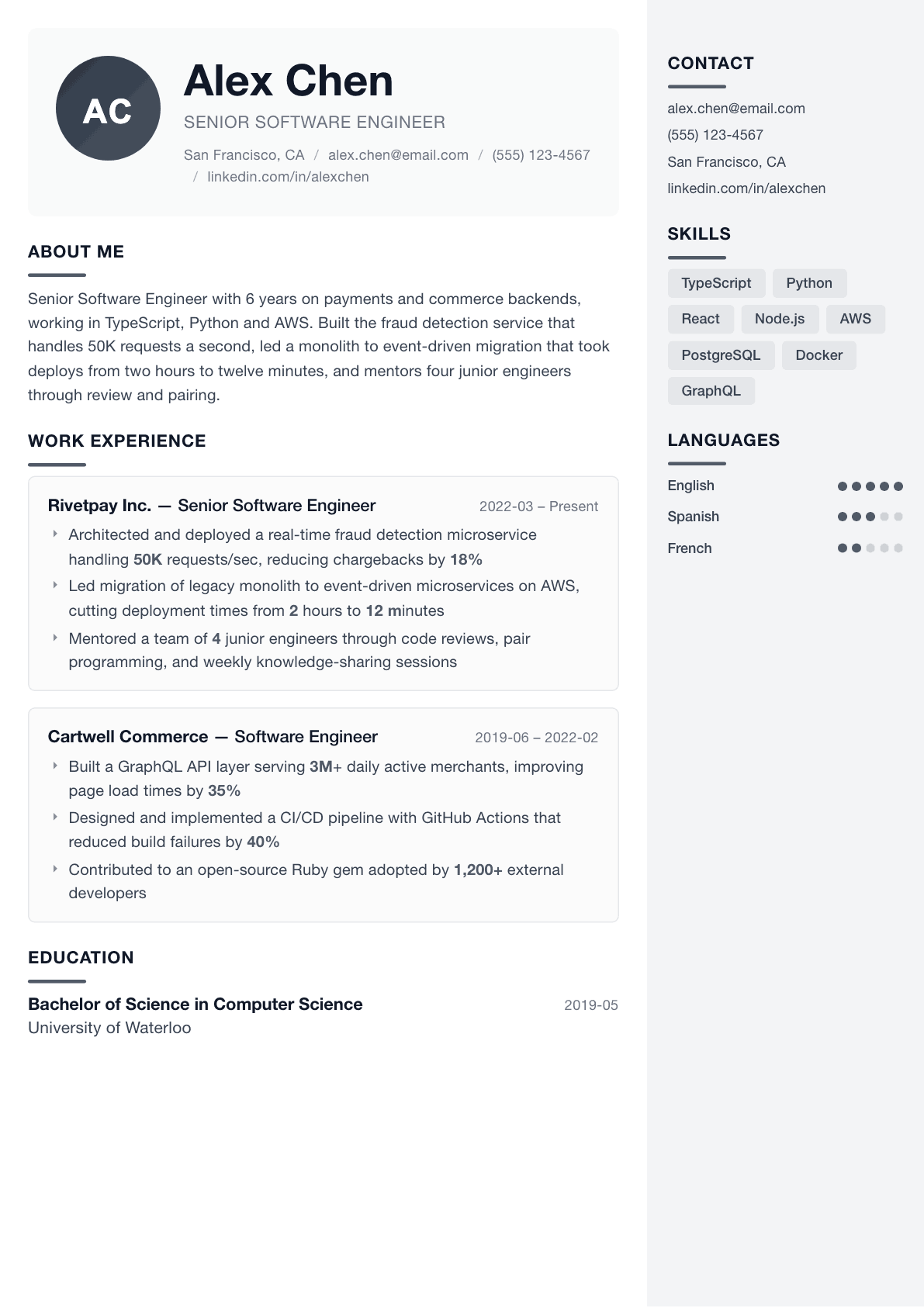 Software Engineer resume example, Metropolitan template