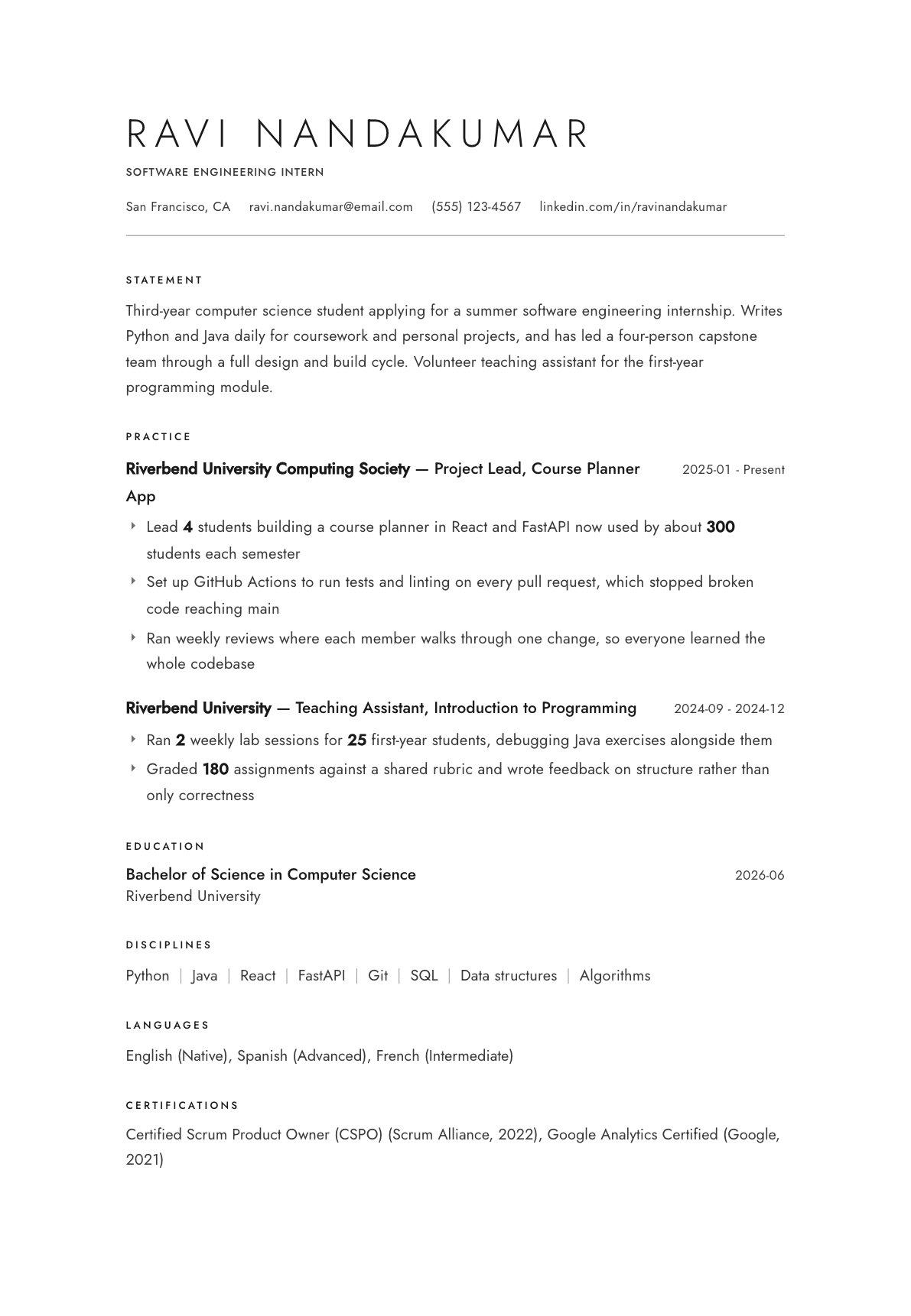 Software Engineering Intern resume example, Atelier template
