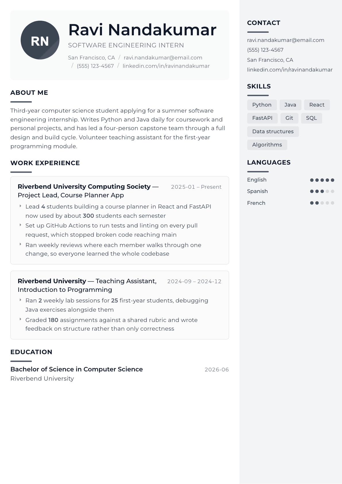 Software Engineering Intern resume example, Metropolitan template