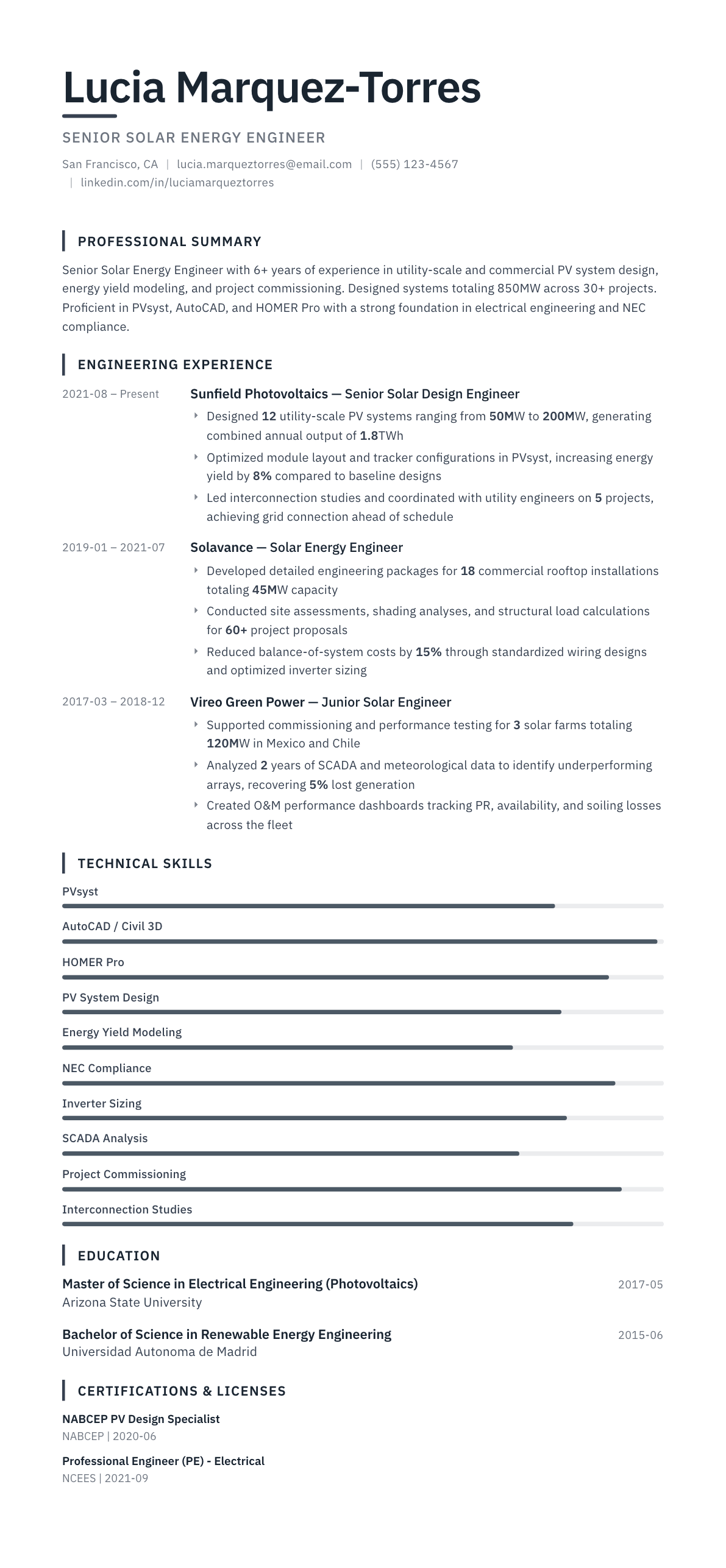 Solar Energy Engineer resume example, Blueprint template