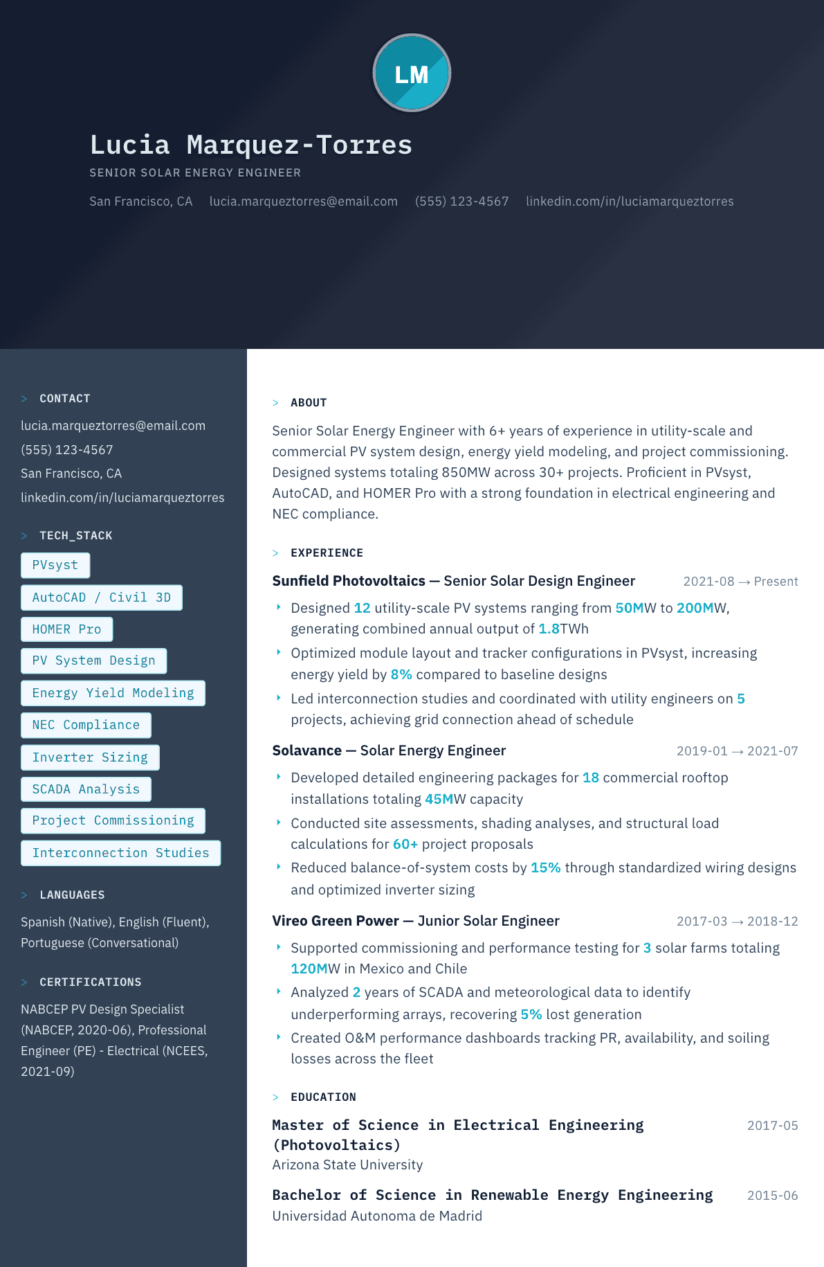 Solar Energy Engineer resume example, Code Terminal template