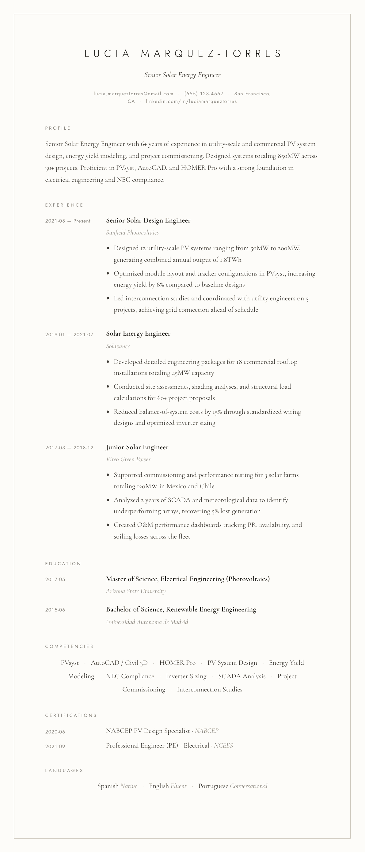 Solar Energy Engineer resume example, Vellum template