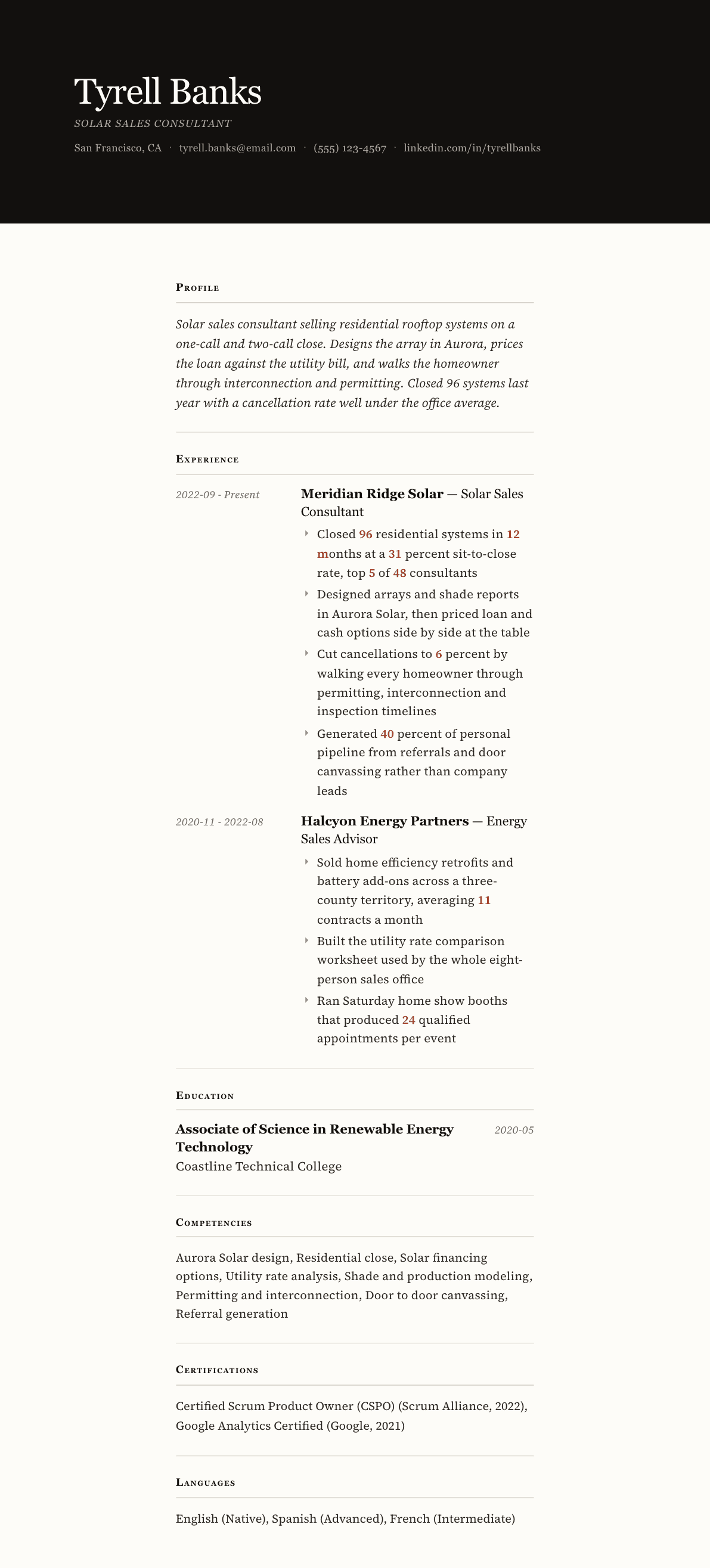 Solar Sales Consultant resume example, Broadsheet template