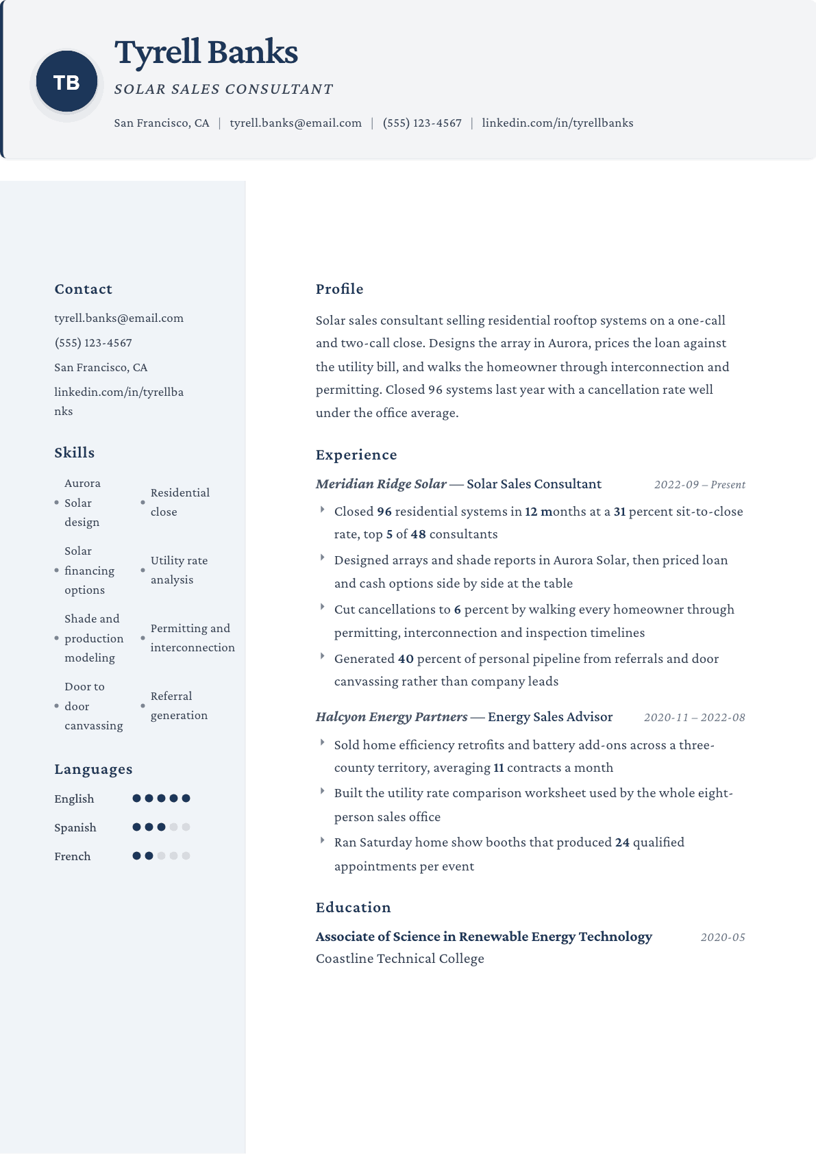 Solar Sales Consultant resume example, Formal template