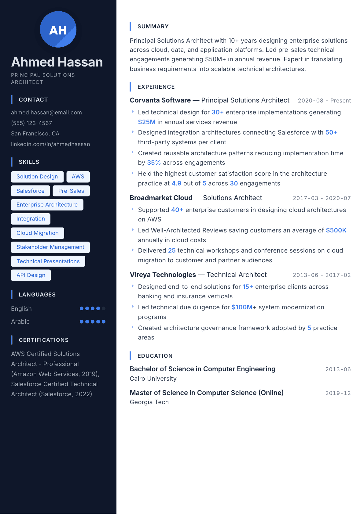 Solutions Architect resume example, Midnight Sapphire template