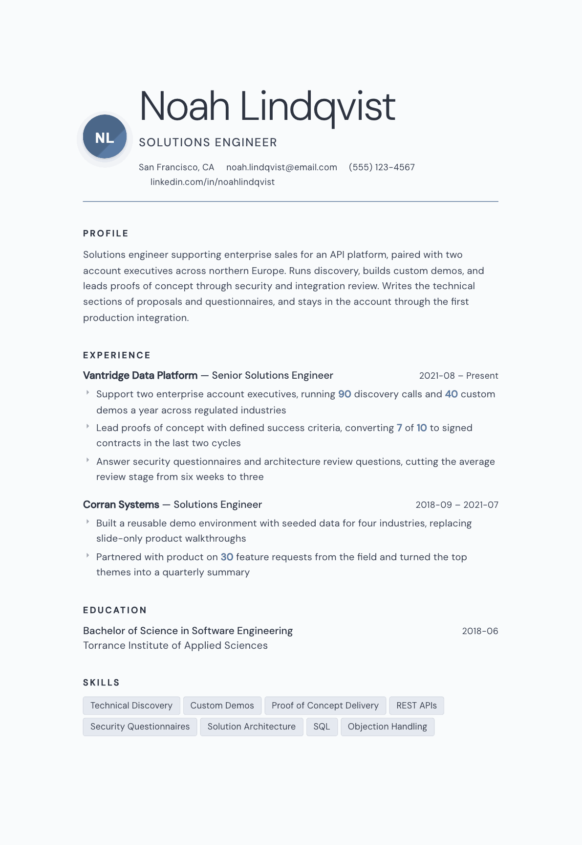 Solutions Engineer resume example, Nordic template