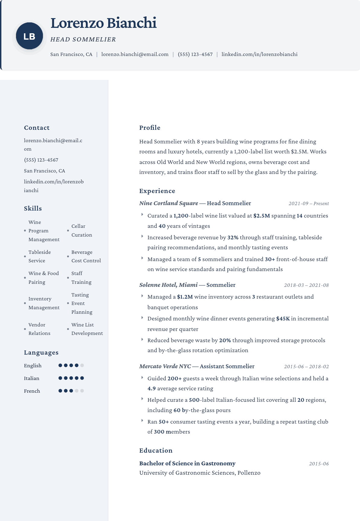 Sommelier resume example, Formal template