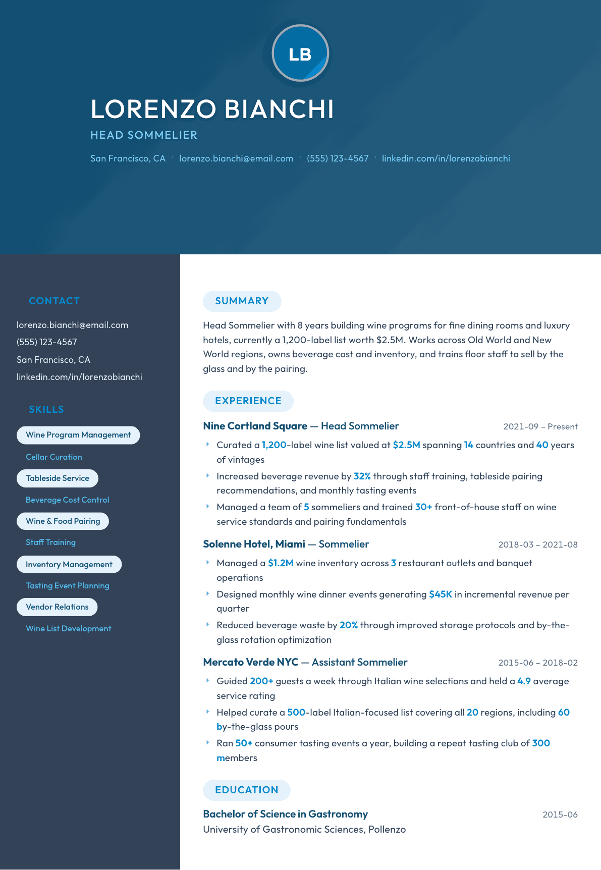 Sommelier resume example, Nexus template