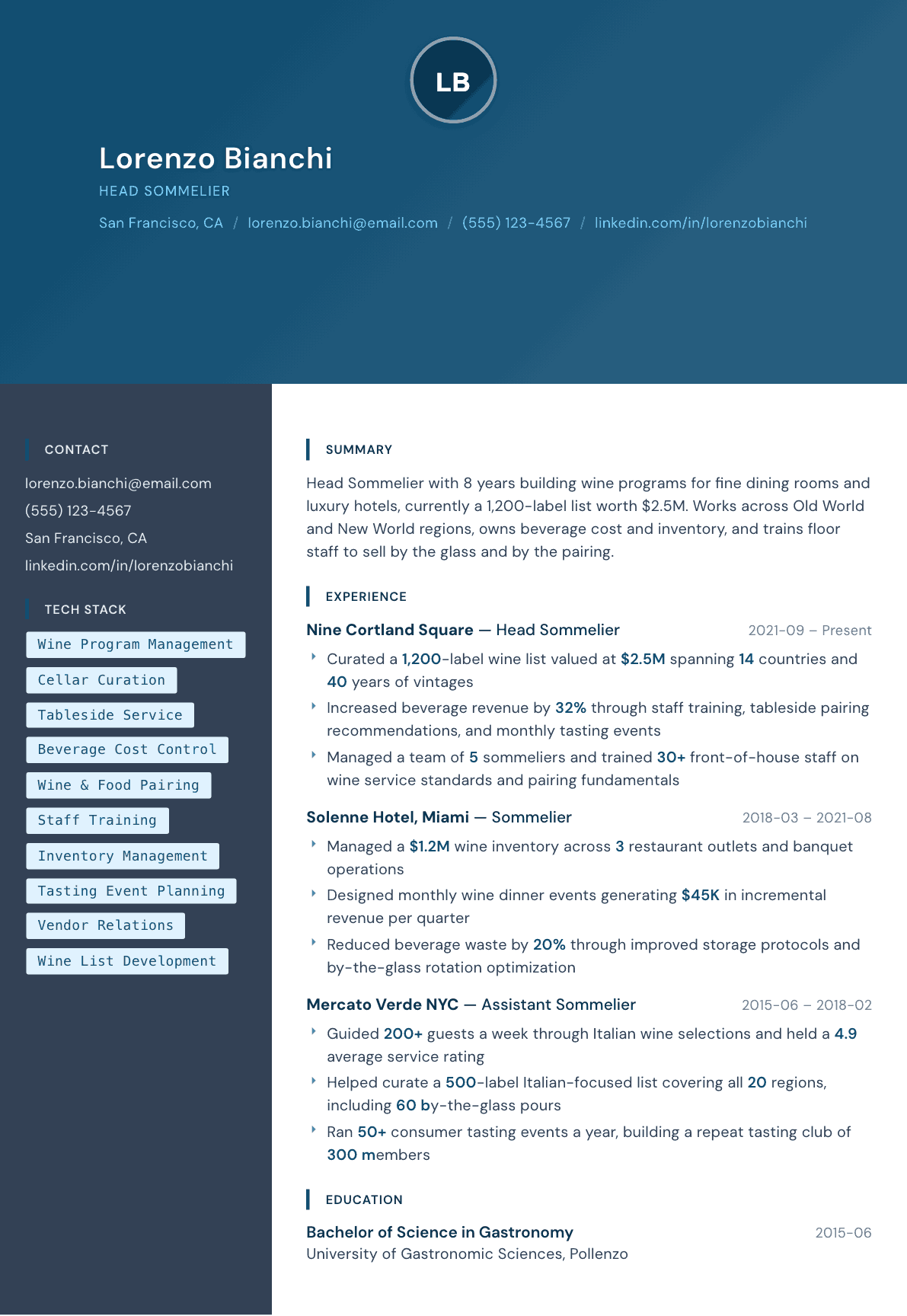 Sommelier resume example, Prism template