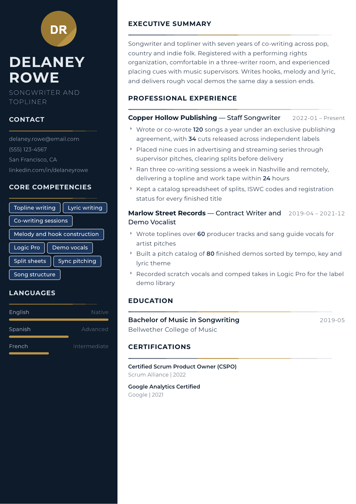 Songwriter resume example, Catalyst template