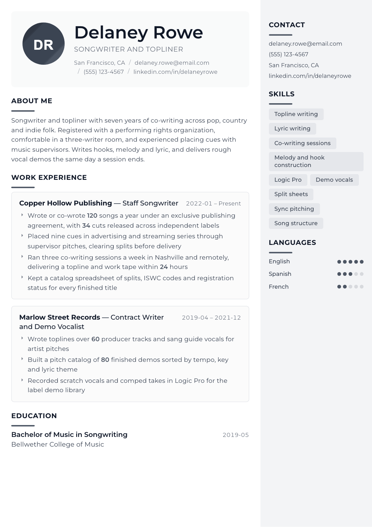 Songwriter resume example, Metropolitan template