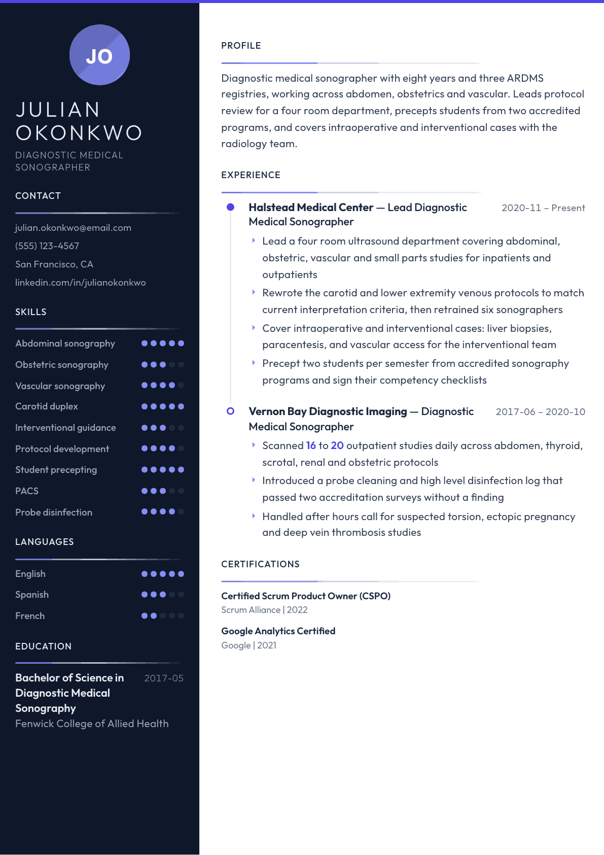 Sonographer resume example, Zenith template