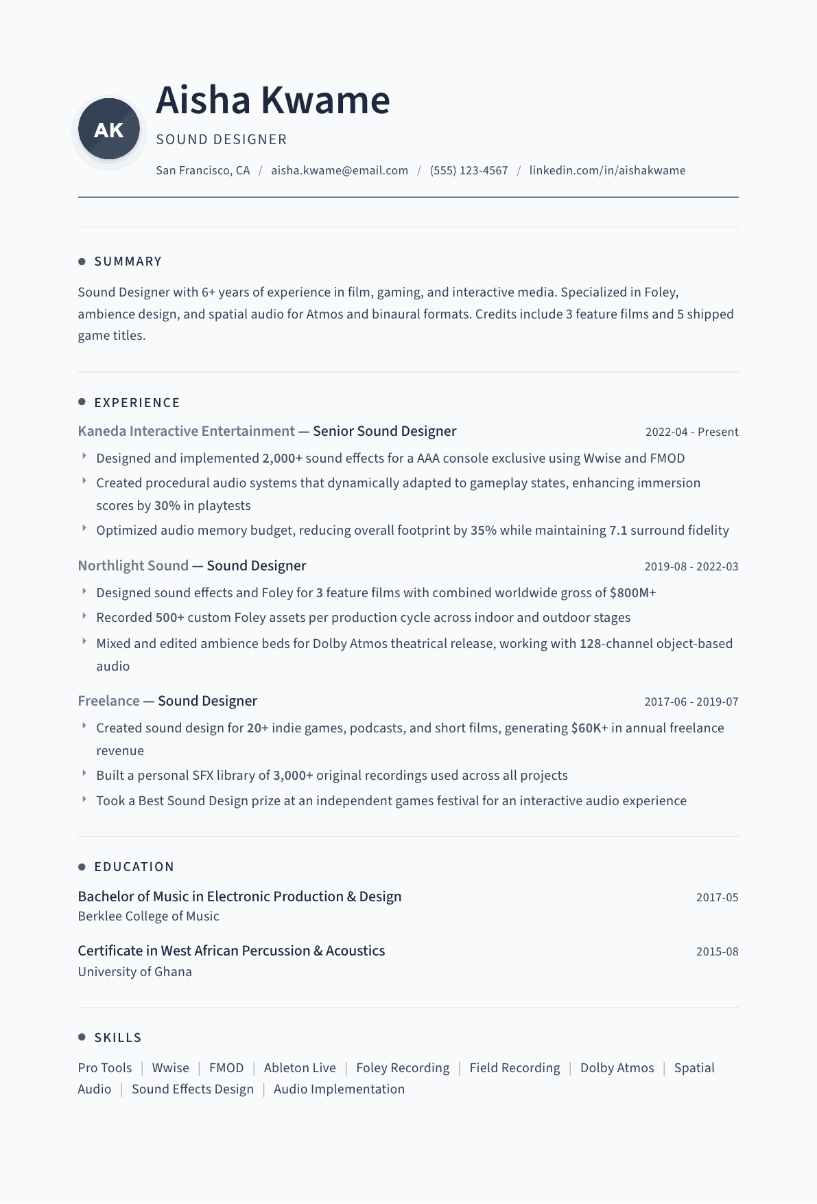 Sound Designer resume example, Thread template