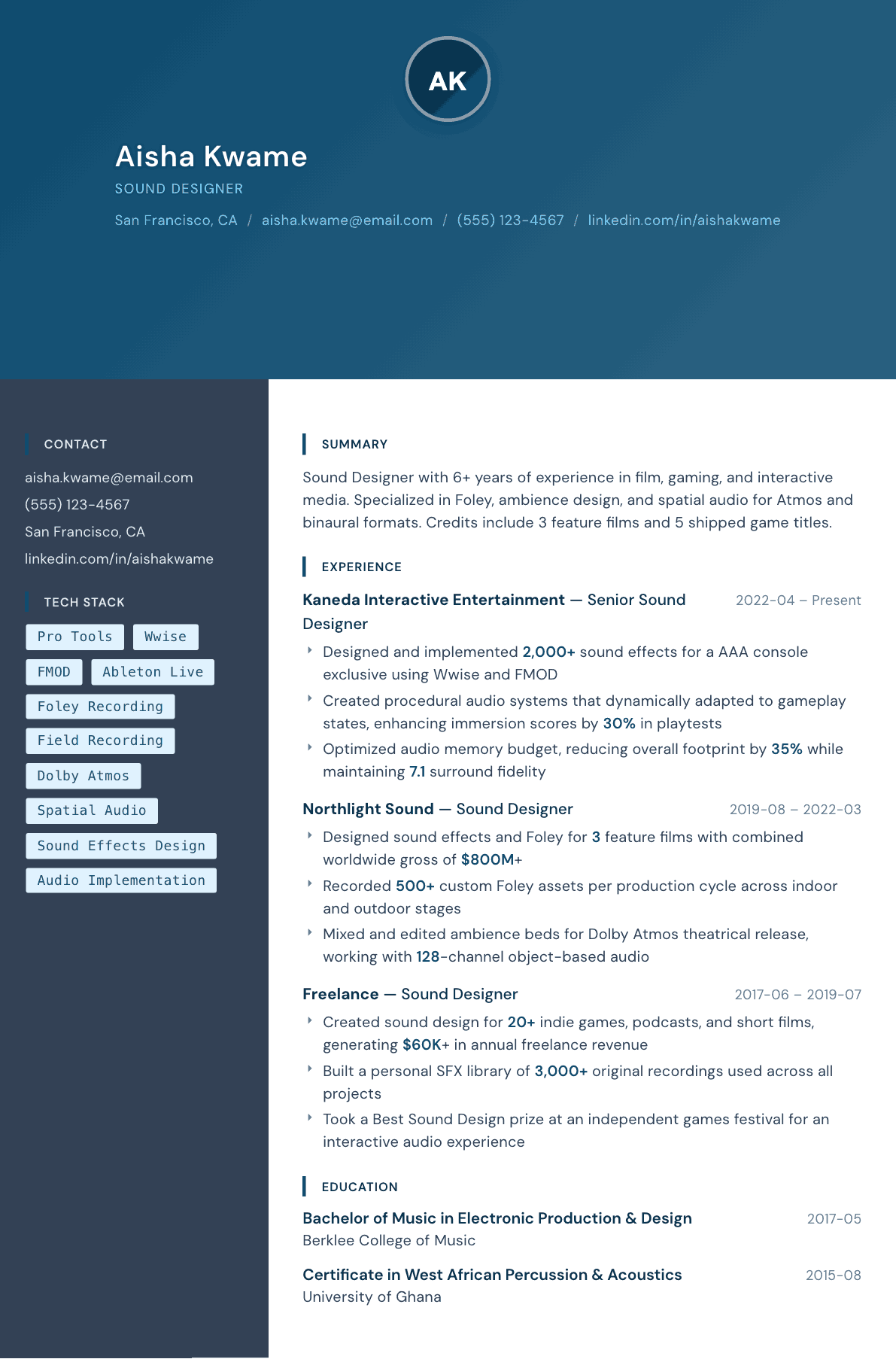 Sound Designer resume example, Prism template
