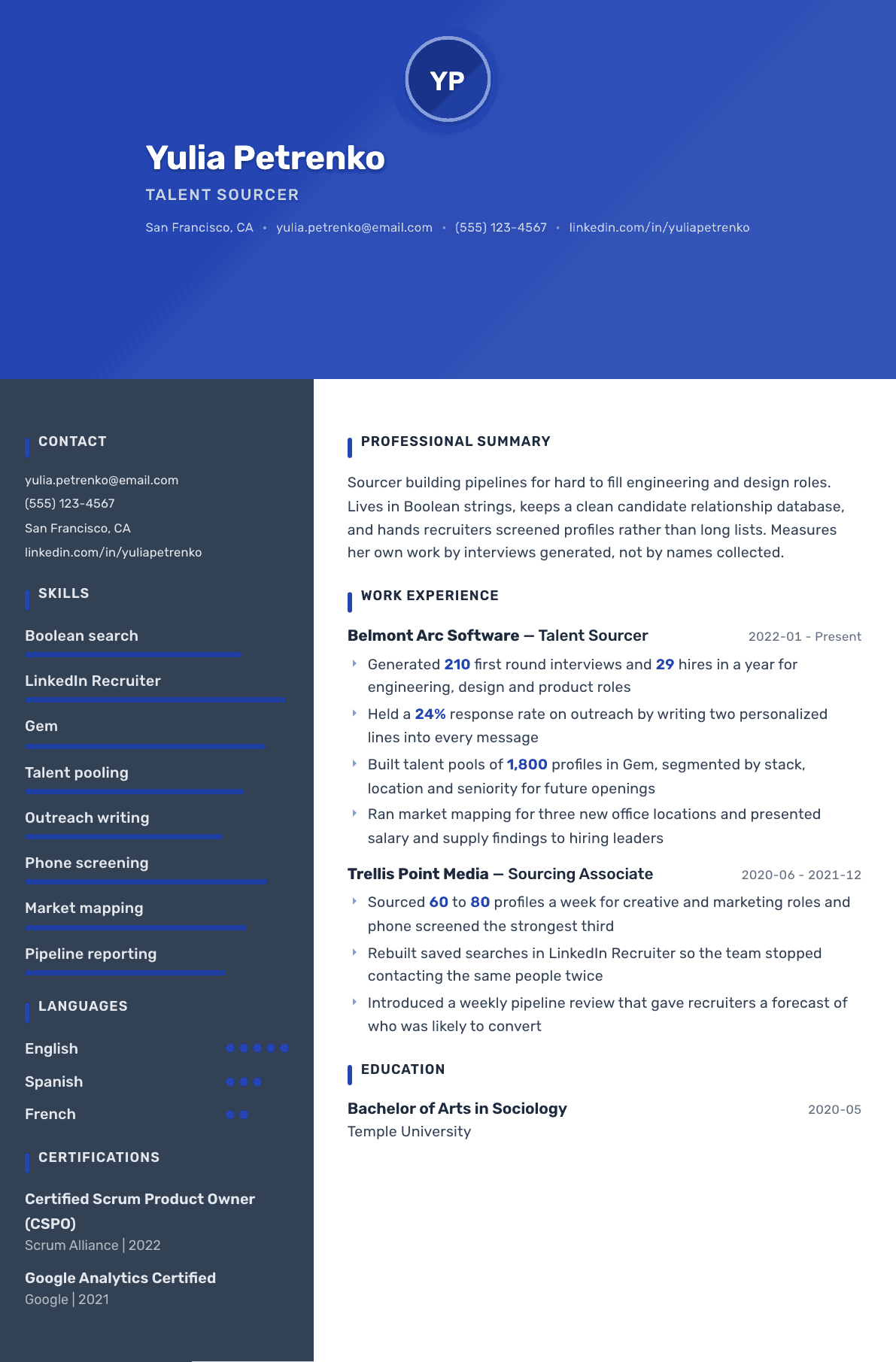 Sourcer resume example, Barcelona template