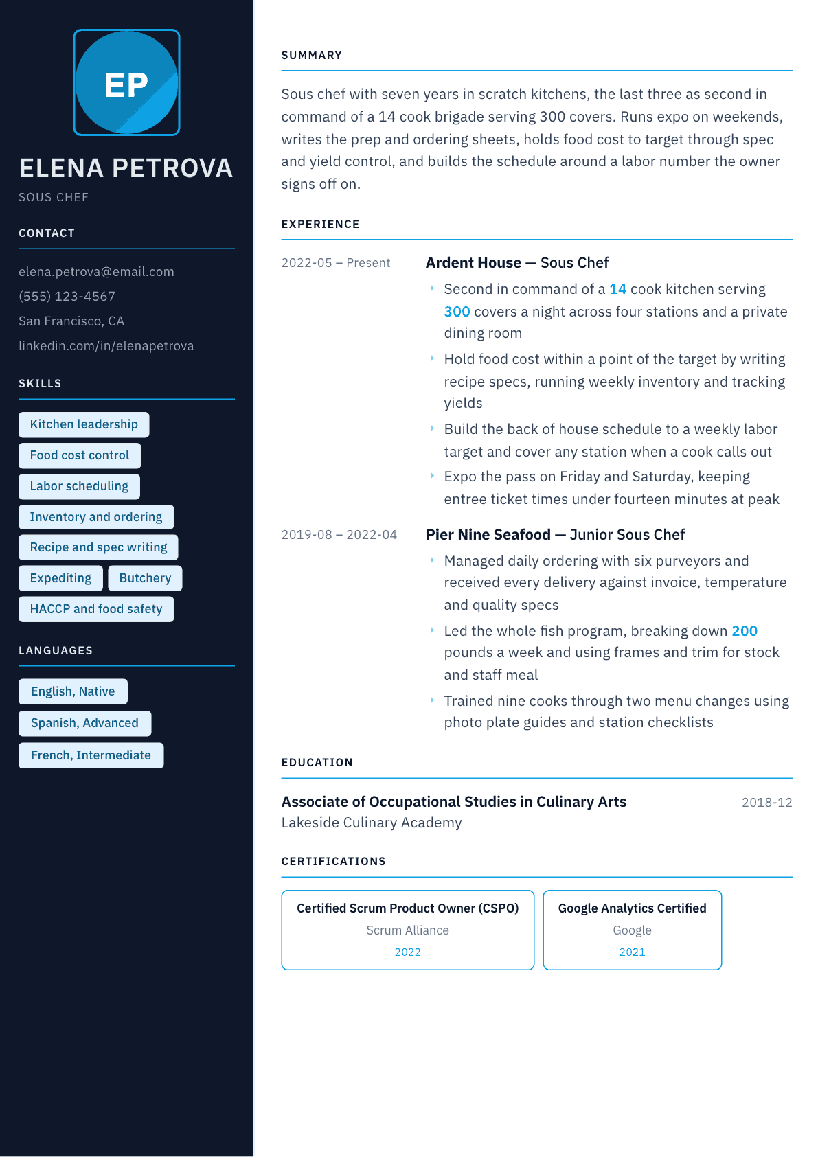 Sous Chef resume example, Everest template