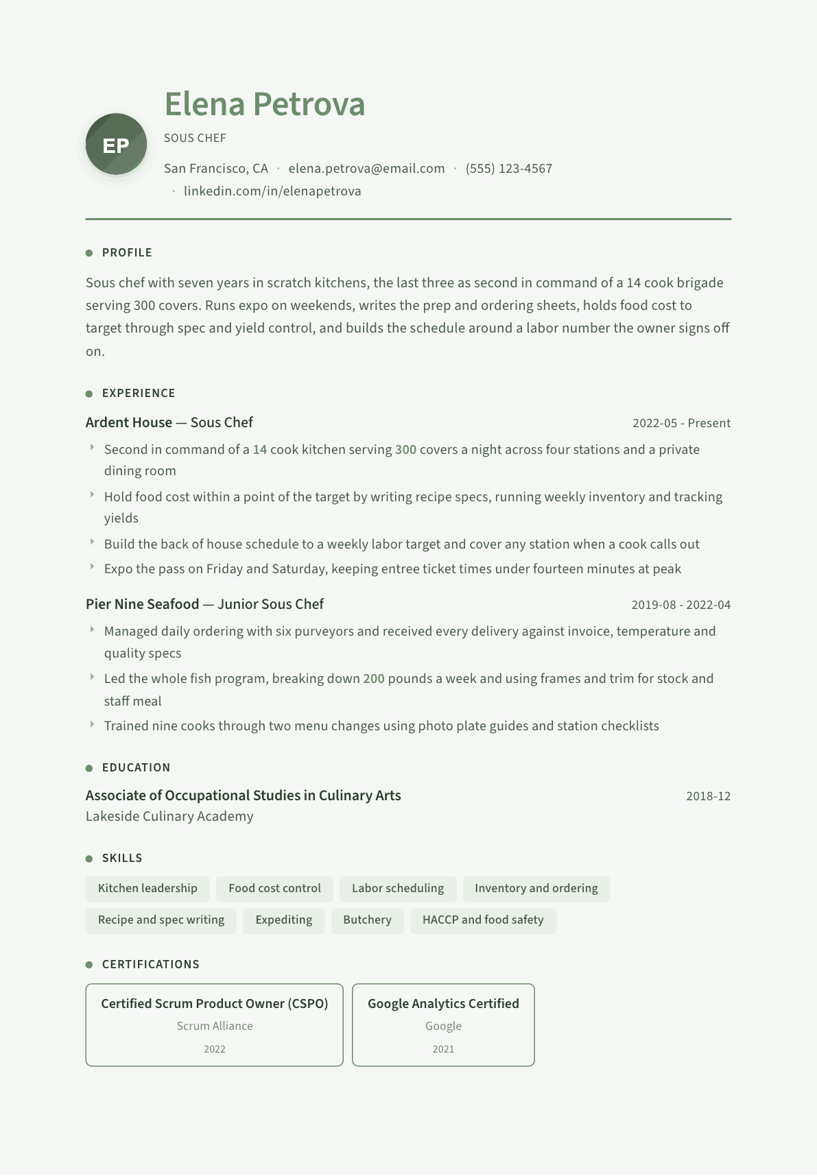 Sous Chef resume example, Sage Garden template