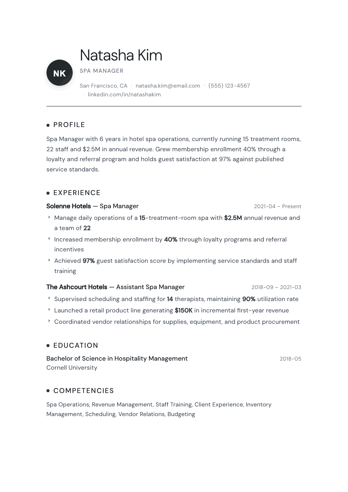 Spa Manager resume example, Pinnacle template