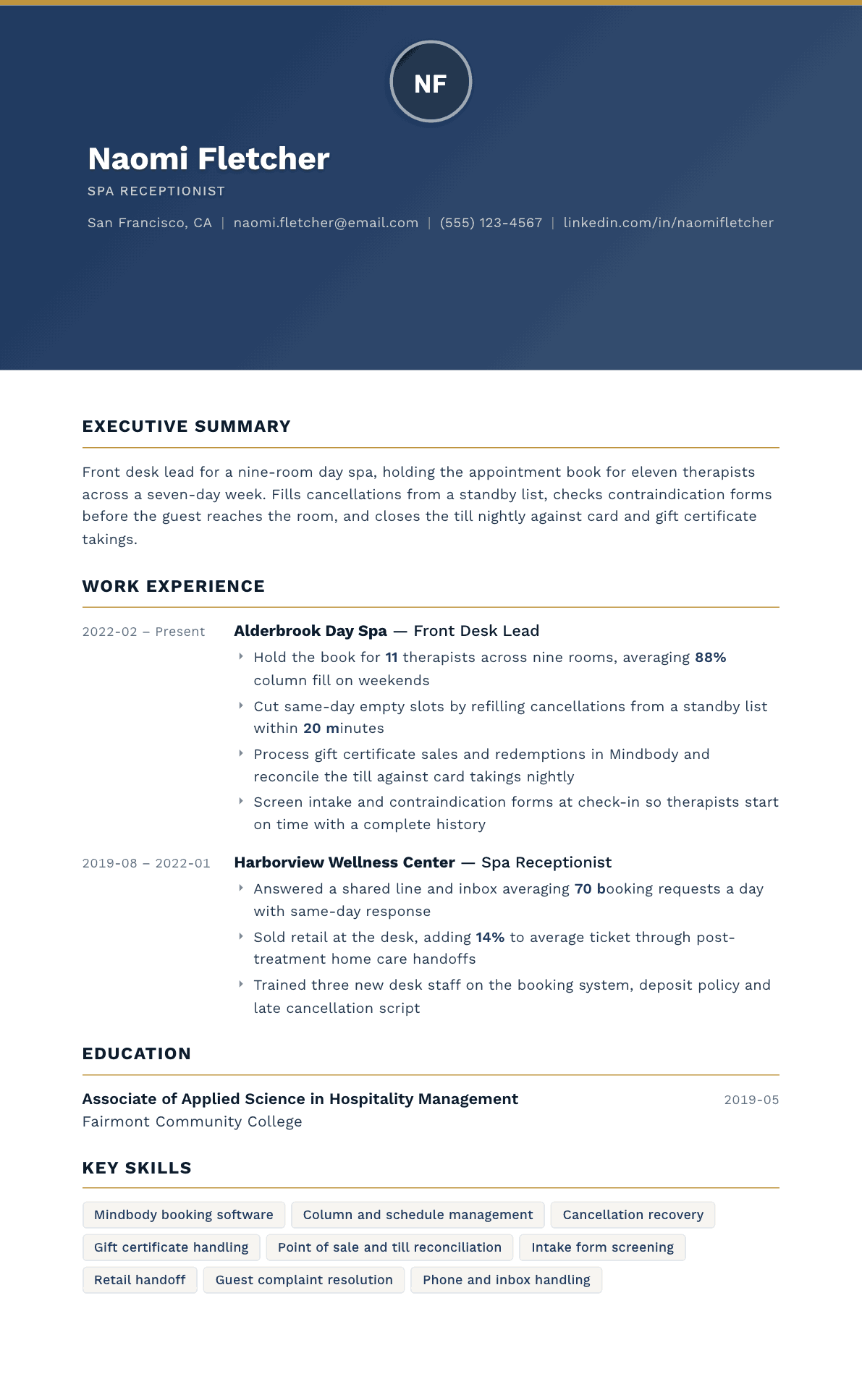 Spa Receptionist resume example, Sovereign template