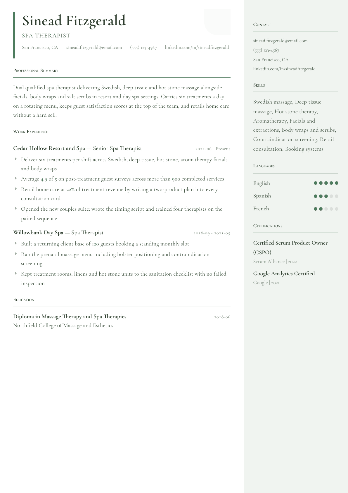 Spa Therapist resume example, Copenhagen template