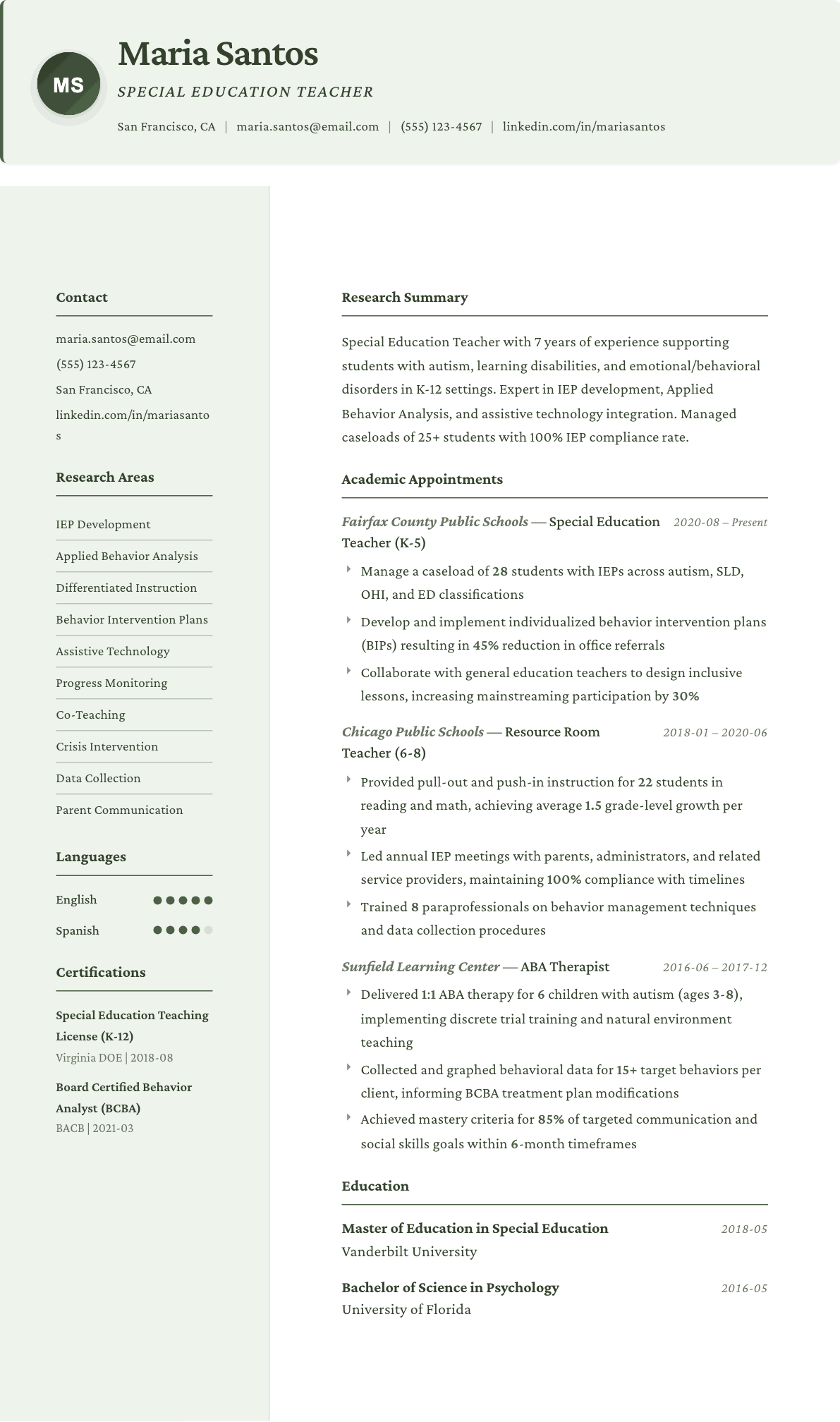 Special Education Teacher resume example, Research template