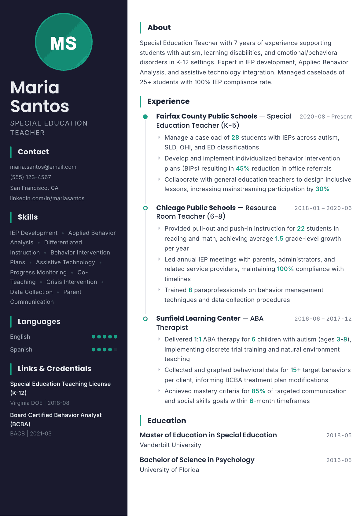 Special Education Teacher resume example, Bapak template