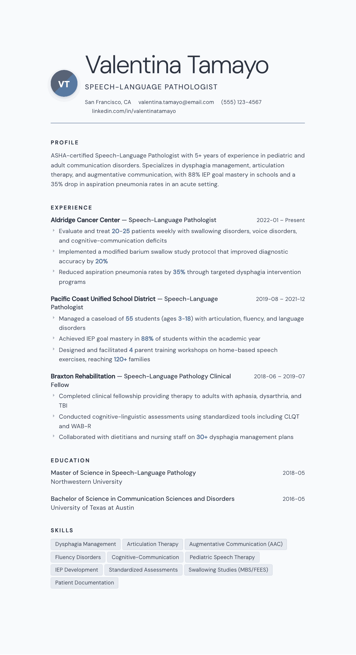 Speech-Language Pathologist resume example, Nordic template