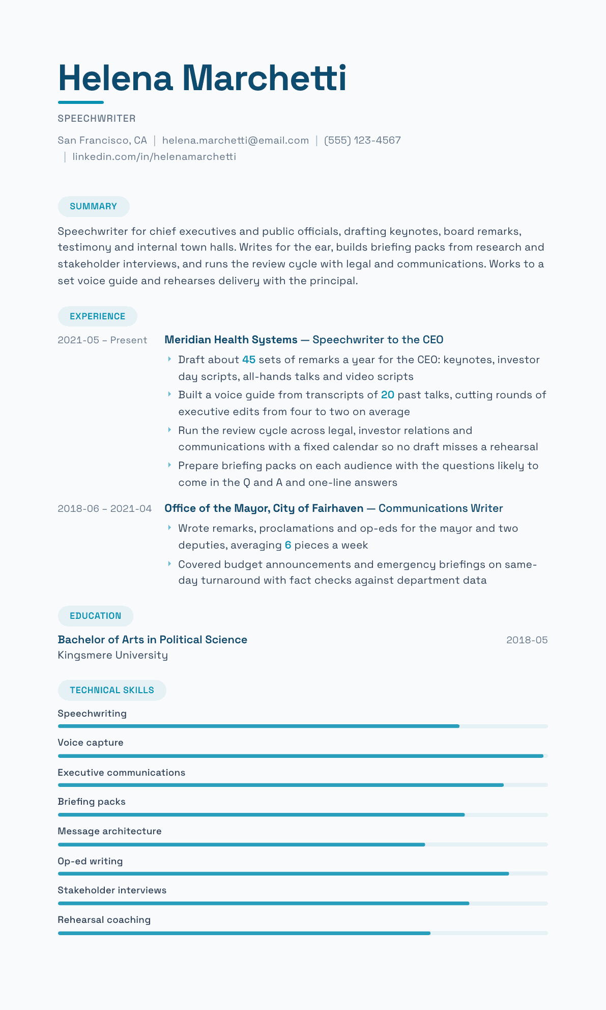 Speechwriter resume example, Horizon template