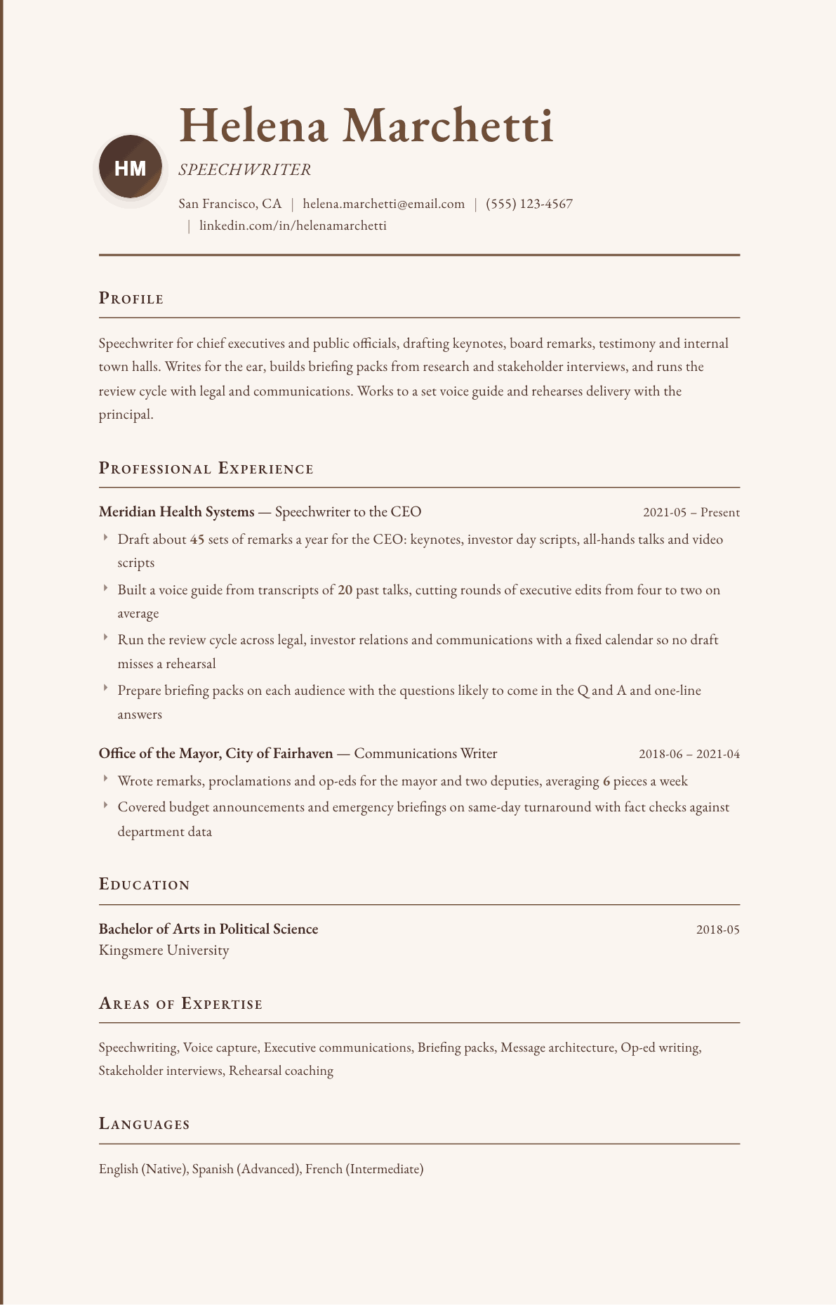 Speechwriter resume example, Vintage template
