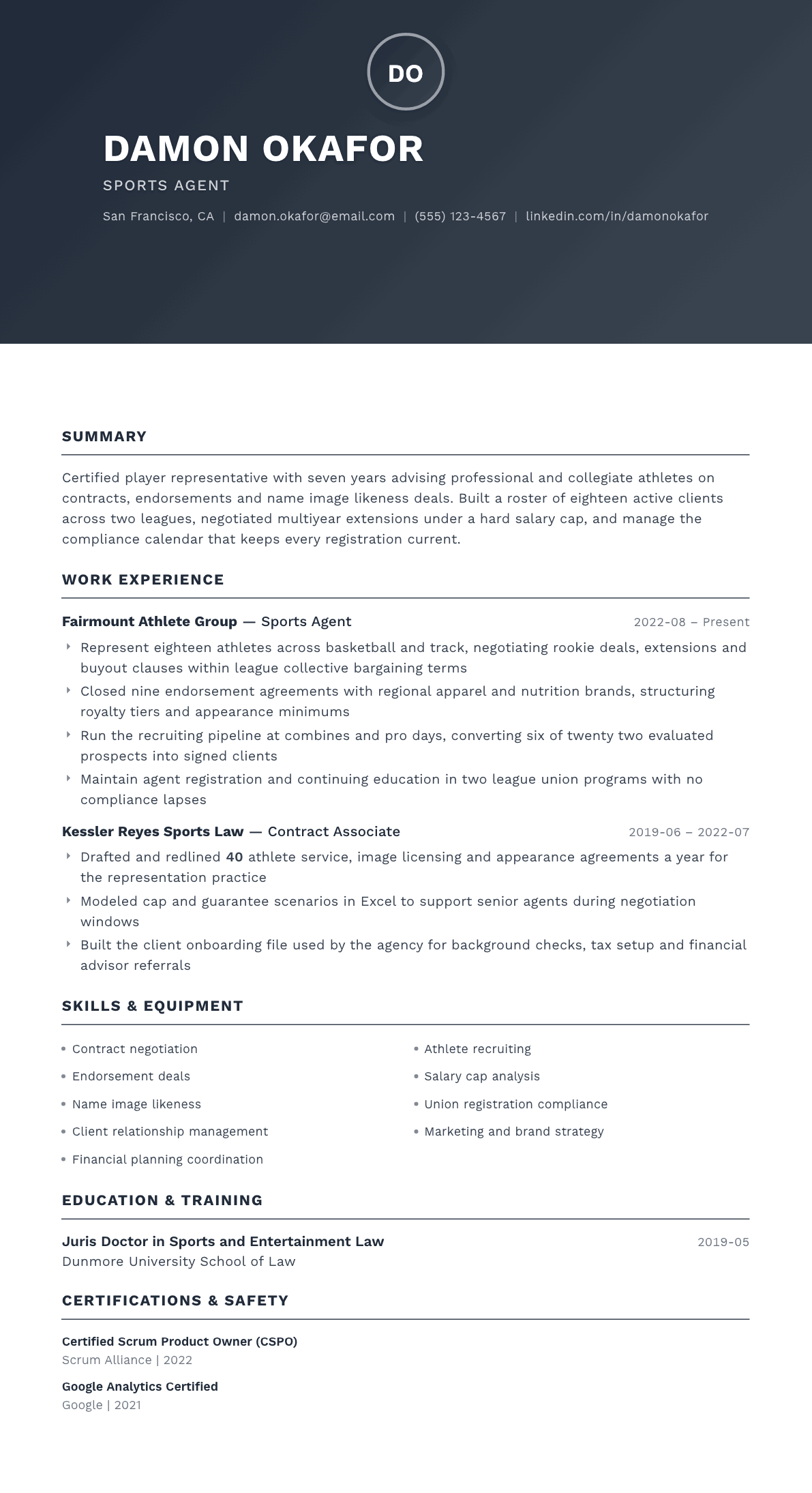 Sports Agent resume example, Foundation template